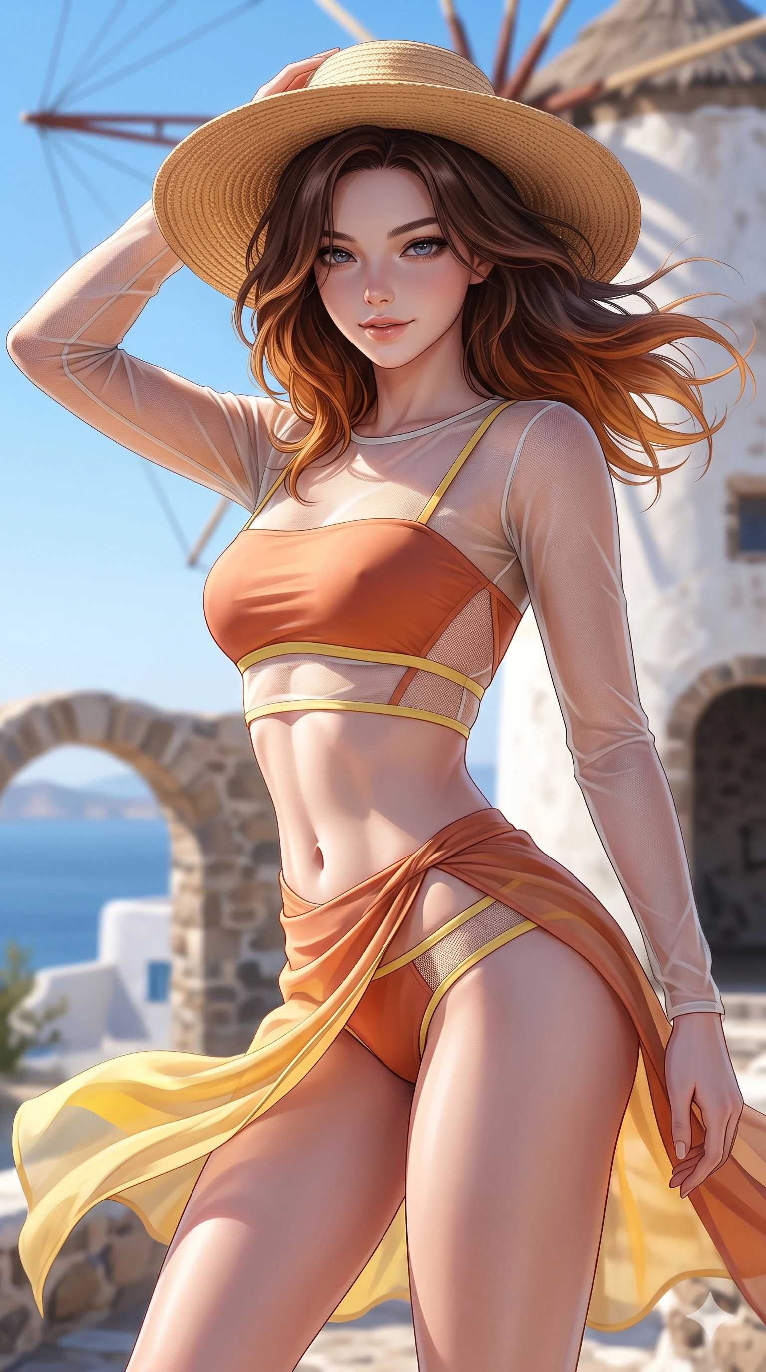 score_9, masterpiece, best quality, ultra-detailed, high-budget anime keyframe, semi-realistic 3D game render, editorial fashion photography, tasteful artistic composition, Korean woman. close-up cowboy shot from the waist and thighs up, the character dominates the composition, filling the frame with her large presence. leaning forward while arching her lower back to accentuate her curvy hips, looking into the camera with an intoxicating smoldering gaze and bedroom-eyes while twisting her slender torso in an alluring contrapposto stance on the windy windmill crest, Aegean sea gales whipping her silk garments open around her long slender legs. The background shows a soft-focus cycladic stone arches softened in idyllic Greek island shallow focus. She has an exceptionally elegant, slender, and willowy female figure with an ultra-slim waist, flat toned midriff, narrow ribcage, and sculpted feminine hips creating an alluring, slim hourglass silhouette without bulk. sharp v-shaped jawline, high-bridge nose, sparkling eyes with hypnotic seductive depth, thick curled eyelashes, glossy parted lips with a natural dewy peach sheen, alluring bedroom-eyes with an enchanting coquettish smile, exuding magnetic siren charisma and sophisticated glamour, flawlessly proportioned anatomical accuracy, strict slender model proportions, natural body alignment, perfectly sculpted long slender limbs, ultra-slim waistline, clean dynamic posture without body distortion. wearing a sheer gossamer mesh long-sleeve rashguard crop top layered over an opaque strappy bandeau and low-waisted briefs in sun-kissed terracotta and Amalfi lemon yellow, featuring strategic sheer-illusion micro-mesh cutouts along her ribcage and hip flanks, finished with a wide-brimmed woven straw sunhat tipped back to frame her face and long glossy hair, the high-slit wrap tailoring accentuating her ultra-slim waistline and the enchanting curve of her feminine hips with alluring seductive charm. bathed in the blinding, high-key Aegean daylight reflecting brilliantly off chalk-white stucco walls with crisp azure sky contrast. highly saturated vibrant anime colors, detailed shading with soft gradients, rich glossy textures, high-contrast stereoscopic depth, volumetric dynamic lighting, master piece, 9:16 ratio