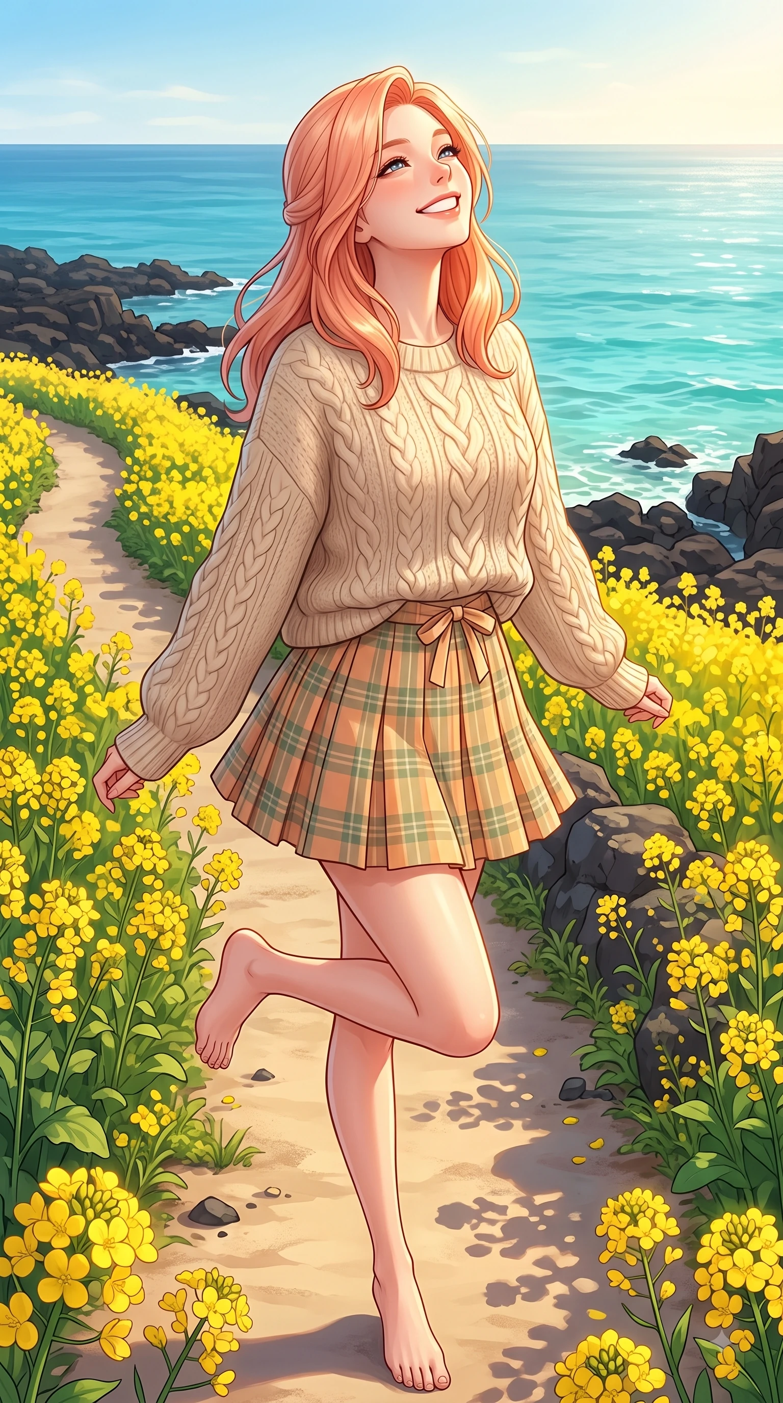 score_9, masterpiece, best quality, ultra-detailed, high-budget anime keyframe, editorial fashion photography, tasteful artistic composition, Japanese woman. close-up cowboy shot from the waist and thighs up, the character dominates the composition, filling the frame with her large presence. Tilting her chin up with a sweet beaming smile of pure delight while balancing dynamically amidst the scene while taking a stroll along a quiet island seaside path as golden sunlight illuminates her fresh beauty. The surrounding environment is rendered in vivid detail and crisp panoramic clarity. blooming yellow canola flower fields, dark basalt sea rocks, and crystal-clear turquoise ocean stretching to the horizon. She has an exceptionally elegant, slender, and willowy female figure with an ultra-slim waist, a gracefully sculpted slender torso, and a refined silhouette. sharp v-shaped jawline, high-bridge nose, intricate jewel-like eyes with depth, thick eyelashes, glossy lips with a natural sheen, flawlessly proportioned anatomical accuracy, natural body alignment, perfectly sculpted elegant limbs, clean dynamic posture without body distortion. wearing a cozy oversized cable-knit sweater paired with a chic pleated plaid mini skirt in warm apricot and sage green, knitted from soft cozy cashmere yarn, accented with a dainty waist ribbon bow, the relaxed yet flattering fit accentuating her naturally graceful and slender figure. surrounded by a fresh, sun-drenched, and relaxing vacation atmosphere. highly saturated vibrant anime colors, detailed shading with soft gradients, rich glossy textures, high-contrast stereoscopic depth, volumetric dynamic lighting, master piece, 9:16 ratio