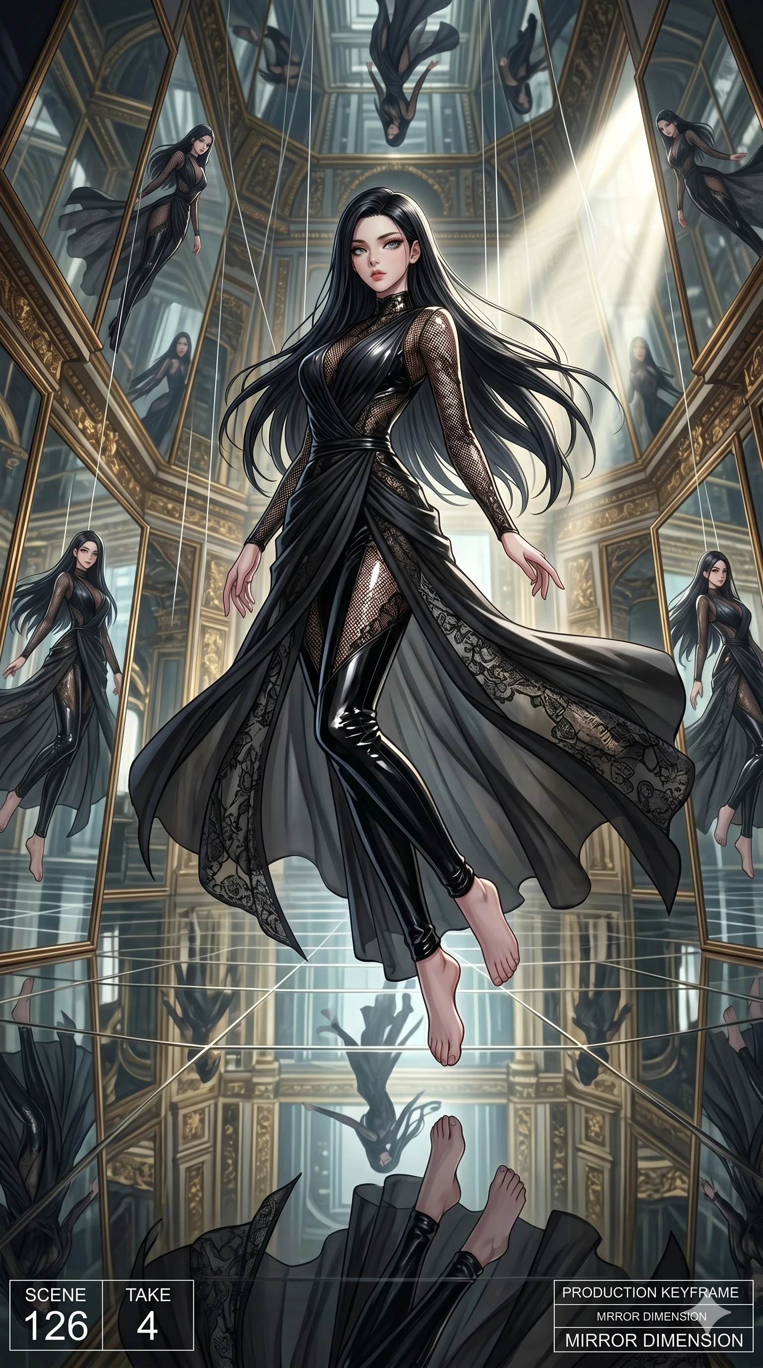 score_9, masterpiece, best quality, ultra-detailed, High-budget Anime Keyframe, East Asian woman. Dynamic full-body shot stretching the vertical silhouette to the limit. Scenario 126: Suspended by invisible silk threads in a hall of mirrors. Her presence is magnetic and overpowering in this high-budget anime scene. Outfit 126: A patent leather mesh with a artistically draped detail and delicate lace embroidery. The clothing is designed to emphasize her exceptionally tall and slender 8-heads proportion. 8-heads proportion, towering silhouette, ultra-slim waist. sharp v-shaped jawline, intricate jewel-like eyes with depth, thick eyelashes, glossy lips. 2k, ultra detail, master piece, 9:16 ratio