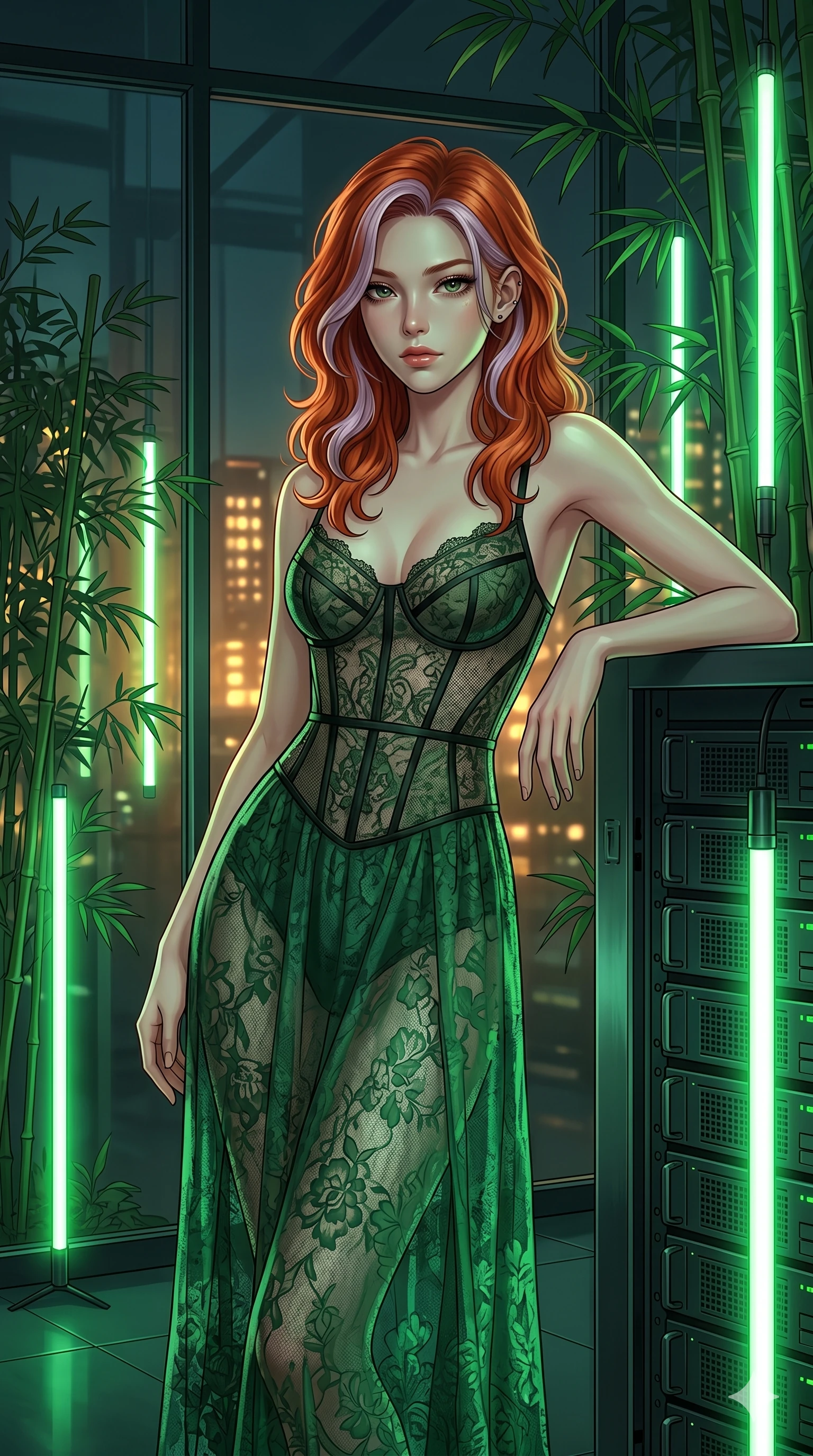 score_9, masterpiece, best quality, ultra-detailed, high-budget anime keyframe, editorial fashion photography, tasteful artistic composition, Caucasian woman, strictly human ears. cowboy shot from the thighs up, character and outfit filling the frame for maximum editorial presence. leaning against a metal server rack, casting a cool gaze inside a quiet bamboo grove illuminated by glowing green vertical light rods (Code-P18-173). She has an absolutely perfect 8-heads proportion, an exceptionally tall and slender female figure with impossibly long slender legs and an ultra-slim waist. V-shaped jawline, high-bridge nose, intricate jewel-like eyes with depth, thick eyelashes, glossy lips with a natural sheen. wearing a semi-opaque corset over a green lace slip dress. warm glowing city lights filtering through the glass, outlining her V-shaped jawline. 2k, ultra detail, master piece, 9:16 ratio