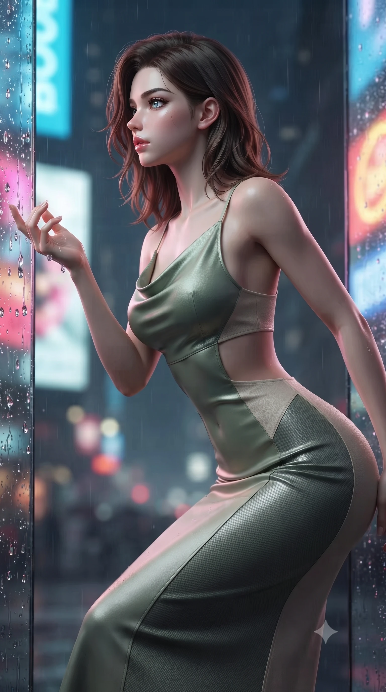score_9, masterpiece, best quality, ultra-detailed, high-budget anime keyframe, editorial fashion photography, tasteful artistic composition, Korean woman. close-up cowboy shot from the waist and thighs up, the character dominates the composition, filling the frame with her large presence, background elements kept in soft focus. Turning her face in sharp profile while her upper body leans forward with poised athletic grace while reaching forward with one hand to catch rain droplets catching neon speculars, wet glass surfaces casting glossy specular highlights from surrounding billboards. She has an exceptionally elegant, slender, and willowy female figure with an ultra-slim waist, a gracefully sculpted slender torso, and a refined silhouette. sharp v-shaped jawline, high-bridge nose, intricate jewel-like eyes with depth, thick eyelashes, glossy lips with a natural sheen, flawlessly proportioned anatomical accuracy, natural body alignment, perfectly sculpted elegant limbs, clean dynamic posture without body distortion. wearing an elegant cowl-neck satin midi dress with a graceful draped neckline in sage green and oatmeal, made of fine carbon-fiber weave and soft matte leather, featuring clean architectural cutouts along her slender torso, the tailored fabric tightly following every curve of her athletic build. surrounded by a vibrant, atmospheric city glow with glistening raindrops. ultra-reflective glossy finish, specular highlights, metallic sheen, high-contrast stereoscopic depth, volumetric dynamic lighting, 2k, ultra detail, master piece, 9:16 ratio