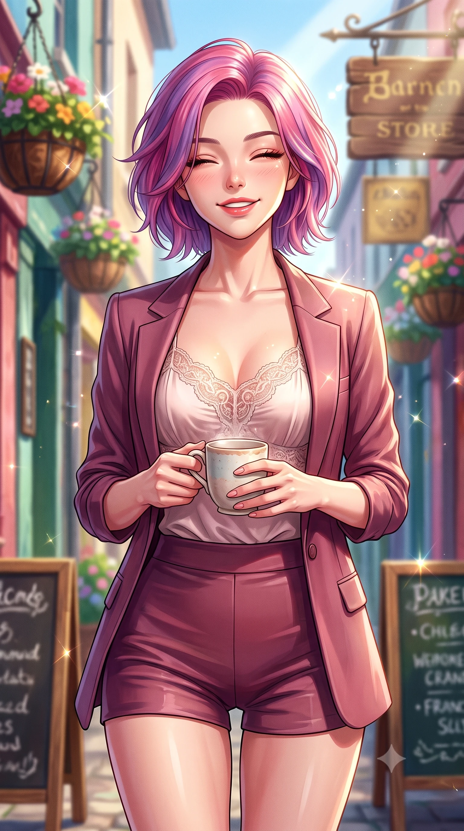 score_9, masterpiece, best quality, ultra-detailed, high-budget anime keyframe, editorial fashion photography, tasteful artistic composition, Caucasian woman. close-up cowboy shot from the waist and thighs up, the character dominates the composition, filling the frame with her large presence, background elements kept in soft focus. smiling happily with closed eyes, enjoying the warm sunbeams on her face set against a soft-focus background of in a colorful alley decorated with hanging flower baskets and wooden signs holding a delicate handmade ceramic mug with a warm grin. She has an exceptionally elegant, slender, and willowy female figure with an ultra-slim waist, a gracefully sculpted slender torso, and a refined silhouette. sharp v-shaped jawline, high-bridge nose, intricate jewel-like eyes with depth, thick eyelashes, glossy lips with a natural sheen. wearing body-hugging delicate silk camisole with lace panels and a tailored blazer worn open over form-contouring shorts. bright daylight reflecting off the display cases, creating sparkling glints. highly saturated vibrant anime colors, detailed shading with soft gradients, rich glossy textures, high-contrast stereoscopic depth, volumetric dynamic lighting, master piece, 9:16 ratio