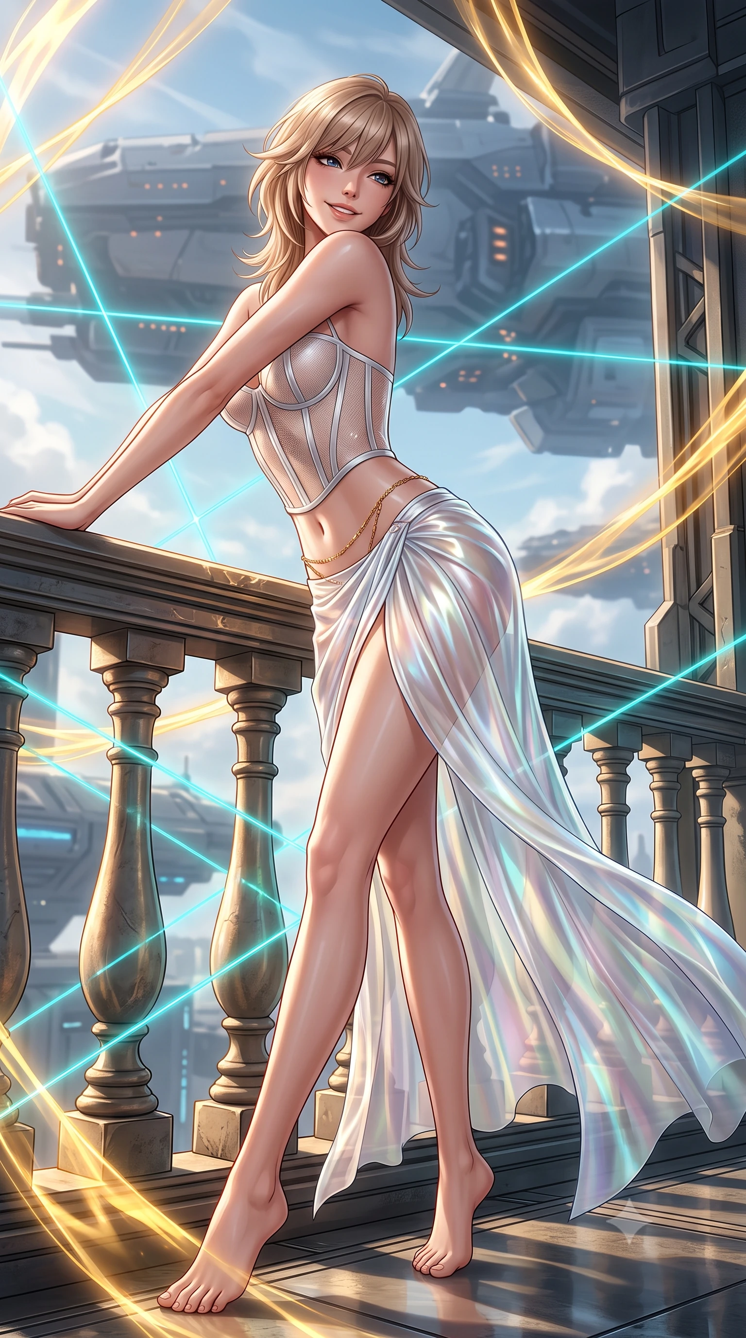 score_9, masterpiece, best quality, ultra-detailed, high-budget anime keyframe, semi-realistic 3D game render, editorial fashion photography, tasteful artistic composition, Japanese woman. low angle full-body shot from head to toe showing her feet, filling the entire 9:16 vertical frame with her statuesque presence, stretching her vertical silhouette. leaning deep against the balcony balustrade with hips cocked back in an unapologetically alluring high-fashion stance, casting an intoxicating glance while twisting her slender torso in an alluring S-curve, golden plasma ribbons and cyan laser containment fields criss-crossing across her flat midriff and hourglass curves. The surrounding environment is rendered in vivid detail and crisp panoramic clarity: detailed anime styling, glossy highlights, and monumental fusion energy craft in high resolution. She has an exceptionally tall and slender model-like 8.5-heads proportion, an ultra-slim waist, a flat toned midriff, narrow delicate ribcage, and beautifully sculpted feminine hips creating a graceful, slim hourglass silhouette without any bulky heaviness, with impossibly long slender legs. sharp v-shaped jawline, high-bridge nose, intricate jewel-like sparkling eyes with depth, thick eyelashes, glossy parted lips with a natural peach sheen, bright cheerful beaming smile with an enchanting and coquettish sensual glint, exuding both youthful cute charm and seductive allure, flawlessly proportioned anatomical accuracy, strict slender model proportions, natural body alignment, perfectly sculpted long slender limbs, ultra-slim waistline, clean dynamic posture without body distortion. wearing a provocative translucent mesh corset bodice with boned satin channels paired with a sheer chiffon wrap maxi skirt in iridescent mother-of-pearl and liquid molten silver, crafted from bespoke double-faced cashmere with an exceptionally soft tactile finish, accented with a dainty gold belly chain resting across her flat midriff and curving hips, the second-skin tailored fabric adhering flawlessly to her sculpted flat midriff and slender torso, emphasizing her long leg lines and perfectly proportioned willowy build. bathed in the blinding warm golden 3000K plasma radiance mixed with delicate cyan laser grid lines. highly saturated vibrant anime colors, detailed shading with soft gradients, rich glossy textures, high-contrast stereoscopic depth, volumetric dynamic lighting, master piece, 9:16 ratio