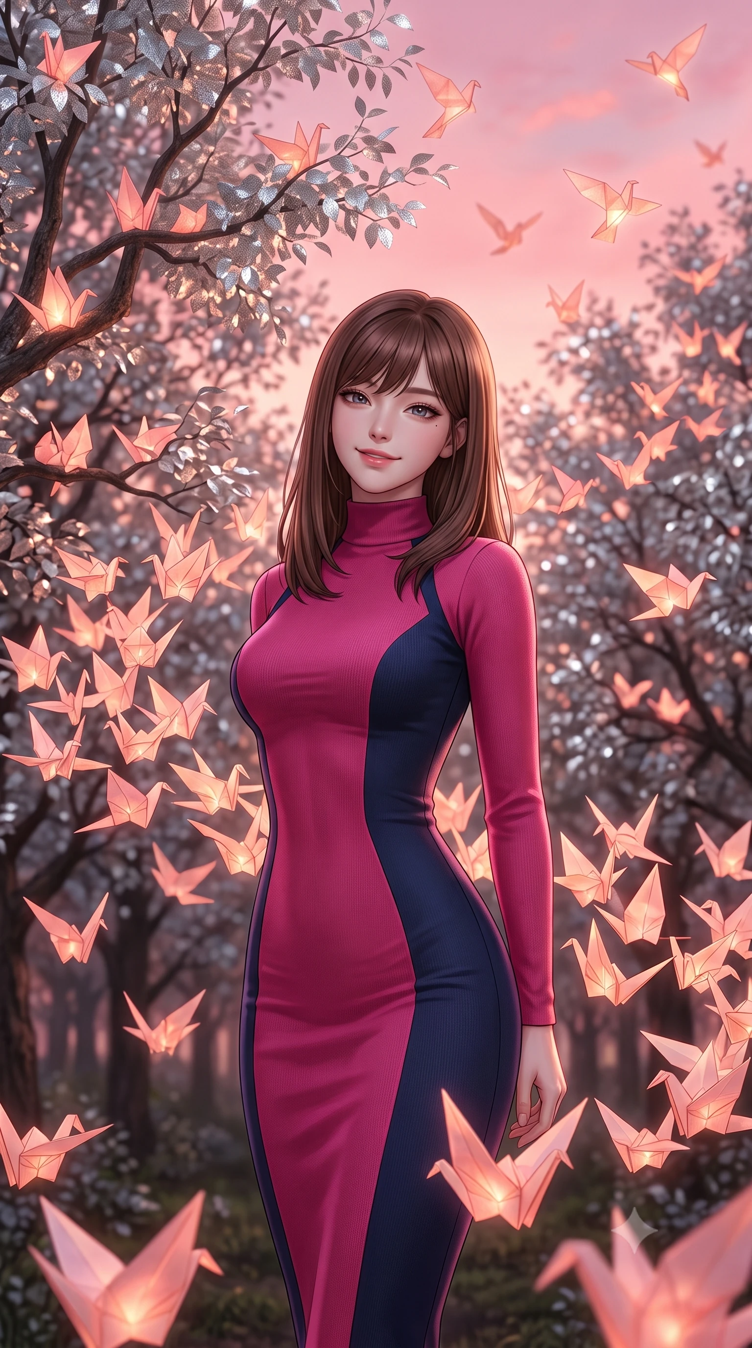 score_9, masterpiece, best quality, ultra-detailed, high-budget anime keyframe, editorial fashion photography, tasteful artistic composition, Korean woman. close-up cowboy shot from the waist and thighs up, the character dominates the composition, filling the frame with her large presence, background elements kept in soft focus. Gently tilting her head with a serene, peaceful smile of quiet happiness. set against a soft-focus background of in a forest clearing filled with silver-leaf trees where thousands of glowing paper birds nest and take flight into a pink evening sky. She has an exceptionally elegant, slender, and willowy female figure with a highly-defined ultra-slim waist, a gracefully sculpted slender torso, and a refined slim-fit silhouette that contours her form. sharp v-shaped jawline, high-bridge nose, intricate jewel-like eyes with depth, thick eyelashes, glossy lips with a natural sheen. wearing a high-neck bodycon midi dress in a dual-tone of fuchsia and navy, sculpting her slender dancer frame with elegant lines. warm orange and pink glow from the paper birds illuminating the silver leaves and casting a warm cozy light. 2k, ultra detail, master piece, 9:16 ratio