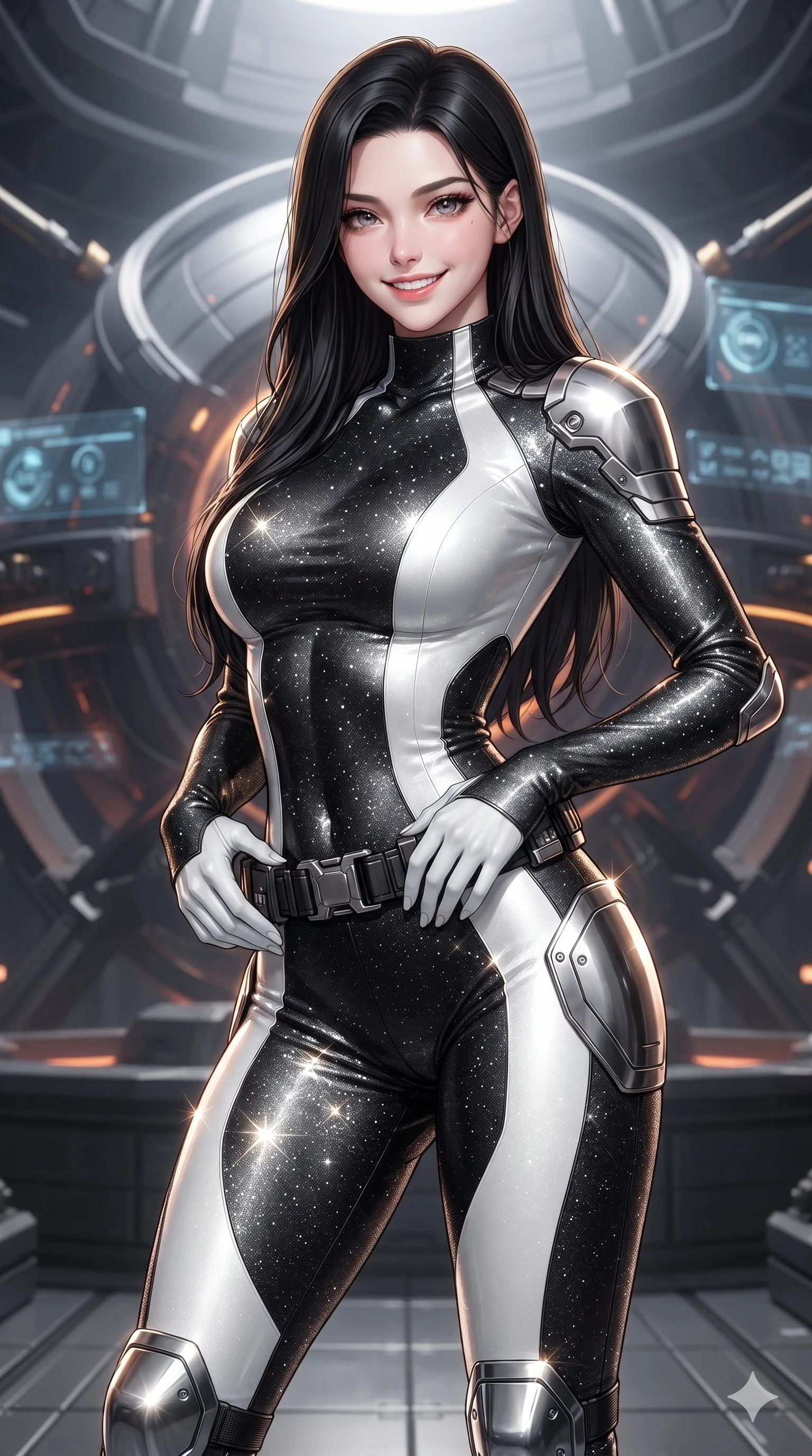 score_9, masterpiece, best quality, ultra-detailed, high-budget anime keyframe, editorial fashion photography, tasteful artistic composition, Korean woman. close-up cowboy shot from the waist and thighs up, the character dominates the composition, filling the frame with her large presence. resting both hands lightly on her tactical utility belt, arching her spine to highlight her narrow waist, flat midriff, and breathtaking collarbones while standing poised before the massive volcanic fusion reactor sphere, arching her spine with ethereal cyber-operative poise as pulsing magnetic containment rings rotate in silence. The surrounding environment is rendered in vivid detail and crisp panoramic clarity: sharp magnetic solenoid coil bevels, high-pressure steam valve actuators, and crisp holographic telemetry glyphs in deep focus. She has an exceptionally elegant, slender, and willowy female figure with an ultra-slim waist, flat toned midriff, narrow ribcage, and sculpted feminine hips creating an alluring, slim hourglass silhouette without bulk. sharp v-shaped jawline, high-bridge nose, intricate jewel-like sparkling eyes with depth, thick eyelashes, glossy parted lips with a natural sheen, bright confident smile with an enchanting and coquettish sensual glint, exuding both youthful magnetic charm and sovereign high-tech allure, flawlessly proportioned anatomical accuracy, strict slender model proportions, natural body alignment, perfectly sculpted long slender limbs, ultra-slim waistline, clean dynamic posture without body distortion. wearing a body-contouring high-neck metallic cyber-jersey jumpsuit casting radiant starlight shimmer across her flat midriff in dual-tone high-contrast monochrome black and stark white, woven from stretch metallic lurex jersey casting radiant starlight glints across her curves, accented with strategically placed chrome armor plate guards covering key curves, the glove-like clinging cut tightly following the natural contour of her hips and long slender legs with youthful 8.5-heads elegance. illuminated by reactor gantry reflection bounce and sharp golden-amber rim lights sculpting her razor-sharp jawline, narrow waist, and curvy hips. ultra-reflective glossy finish, specular highlights, rich textural contrasts, high-contrast stereoscopic depth, volumetric dynamic lighting, 2k, ultra detail, master piece, 9:16 ratio