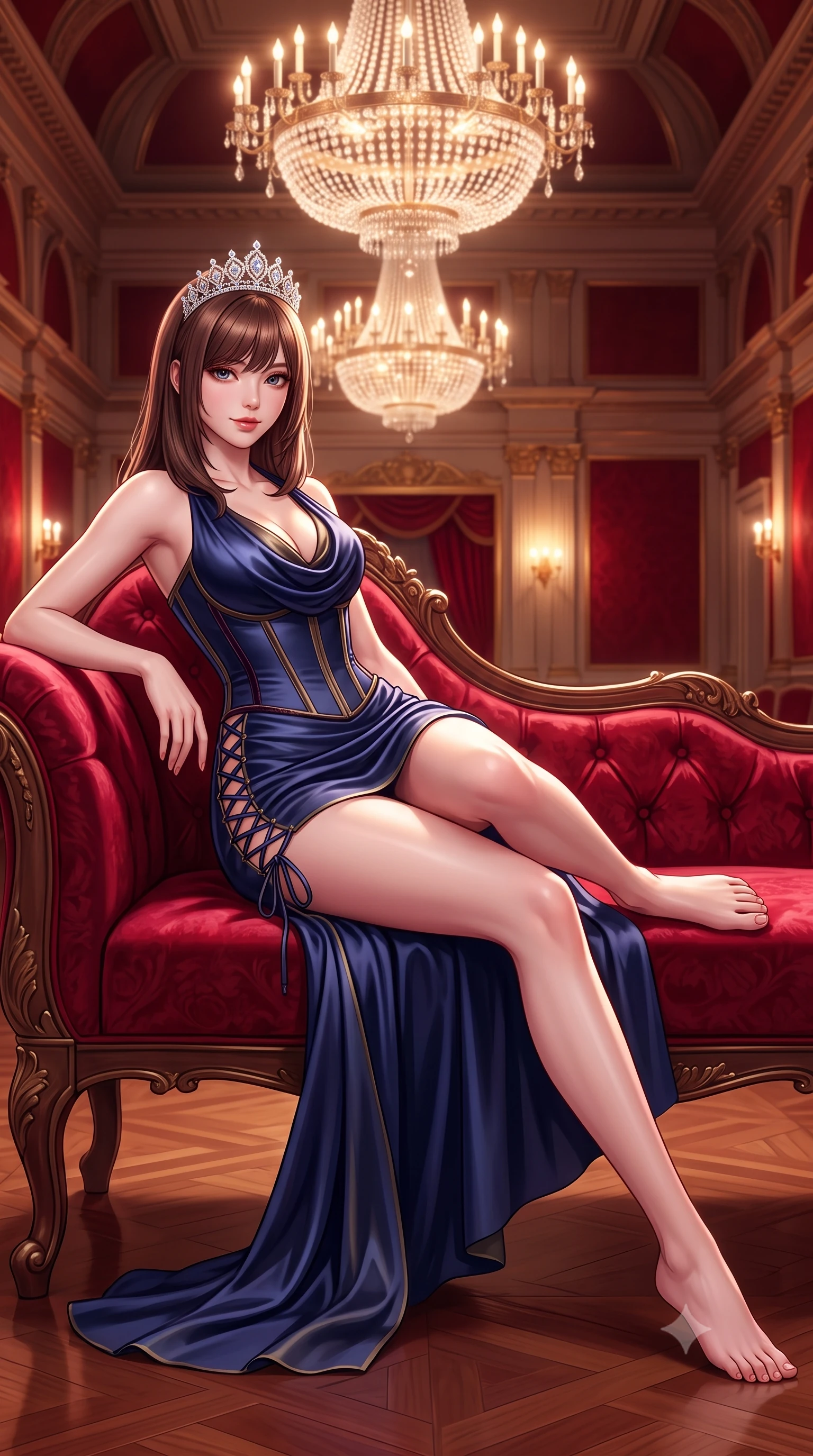 score_9, masterpiece, best quality, ultra-detailed, high-budget anime keyframe, semi-realistic 3D game render, editorial fashion photography, tasteful artistic composition, Korean woman. low angle full-body shot from head to toe showing her feet, filling the entire 9:16 vertical frame with her statuesque presence, stretching her vertical silhouette. reclining gracefully across the plush chaise lounge with one leg extended, her sculpted silhouette and flat midriff radiating magnetic nocturnal glamour while twisting her slender torso in an alluring contrapposto stance, monumental crystal auditorium chandeliers and red velvet reflections sculpting her curves. The surrounding environment is rendered in vivid detail and crisp panoramic clarity: detailed plunging cowl-neck liquid silk evening gown drape, diamond tiara sparkle, and 19th-century Habsburg architecture in razor-sharp precision. She has an absolutely perfect, statuesque 8.5-heads proportion, an exceptionally tall and slender model-like female figure with impossibly long slender legs, an ultra-slim waist, a flat toned midriff, narrow delicate ribcage, and beautifully sculpted feminine hips creating a graceful, slim hourglass silhouette without any bulky heaviness. sharp v-shaped jawline, high-bridge nose, sparkling eyes with hypnotic seductive depth, thick curled eyelashes, glossy parted lips with a natural dewy peach sheen, alluring bedroom-eyes with an enchanting coquettish smile, exuding magnetic siren charisma and sophisticated glamour, flawlessly proportioned anatomical accuracy, strict slender model proportions, natural body alignment, perfectly sculpted long slender limbs, ultra-slim waistline, clean dynamic posture without body distortion. wearing a structured boned satin corset bodice with crushed velvet piping paired with a draped tulip mini skirt in Austrian opera midnight indigo and antique brass, crafted from fluid liquid silk satin that clings smoothly to every curve with a dewy sheen, featuring fine criss-cross lace-up side ties revealing tantalizing glimpses of her hip curve, the second-skin tailored fabric adhering flawlessly to her sculpted flat midriff and slender torso, emphasizing her long leg lines and perfectly proportioned willowy build. bathed in the dazzling warm 2900K radiance of thousands of crystal chandelier prisms mixed with focused box sconces. highly saturated vibrant anime colors, detailed shading with soft gradients, rich glossy textures, high-contrast stereoscopic depth, volumetric dynamic lighting, master piece, 9:16 ratio