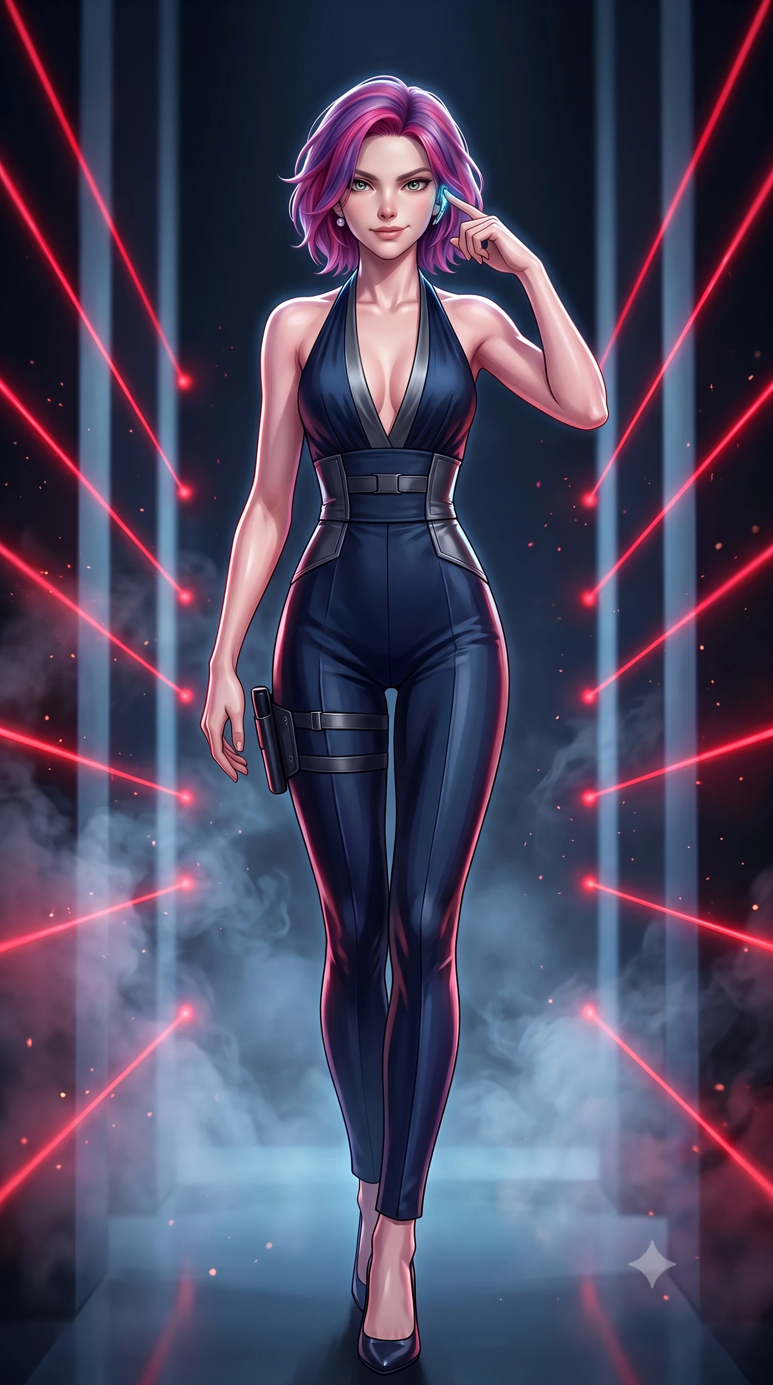 score_9, masterpiece, best quality, ultra-detailed, high-budget anime keyframe, semi-realistic 3D game render, editorial fashion photography, tasteful artistic composition, Caucasian woman. low angle full-body shot from head to toe showing her feet, filling the entire 9:16 vertical frame with her statuesque presence, stretching her vertical silhouette. striding forward in a proud, dynamic supermodel runway stride, her statuesque vertical silhouette commanding the entire frame while standing poised between narrow laser beam corridors, tapping her holographic earpiece with a cool, triumphant smirk. The composition keeps background elements in soft focus with creamy bokeh. cooling vapor wisps and airborne particulate dust catching bright red laser beam motes. She has an absolutely perfect, statuesque 8.5-heads proportion, an exceptionally tall and slender model-like female figure with impossibly long slender legs, a toned flat midriff, and an ultra-slim waist. sharp v-shaped jawline, high-bridge nose, intricate jewel-like eyes with depth, thick eyelashes, glossy lips with a natural sheen, captivating and magnetic expression, flawlessly proportioned anatomical accuracy, strict slender model proportions, natural body alignment, perfectly sculpted long slender limbs, ultra-slim waistline, clean dynamic posture without body distortion. wearing a high-society undercover halter-neck jumpsuit with a tailored deep-V back and integrated tactical waist cincher in deep midnight blue and brushed gunmetal, tailored from fluid silk crepe with inner ballistic reinforcement, accessorized with a sleek concealed garter holster and pearl ear transmitter, the liquid-tight tailored fabric emphasizing every curve of her tall, slender model proportions and sculptured silhouette during dynamic movement. illuminated by crisp directional rim lighting sharply carving her ultra-slim waist and sculpted silhouette. highly saturated vibrant anime colors, detailed shading with soft gradients, rich glossy textures, high-contrast stereoscopic depth, volumetric dynamic lighting, master piece, 9:16 ratio