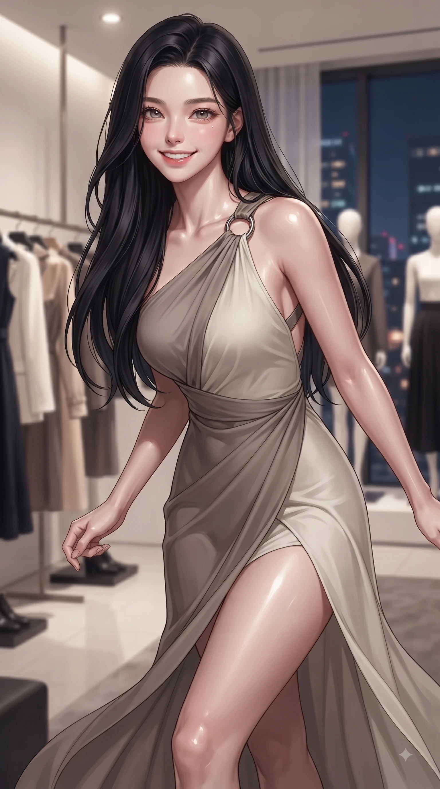 score_9, masterpiece, best quality, ultra-detailed, high-budget anime keyframe, editorial fashion photography, tasteful artistic composition, Korean woman. close-up cowboy shot from the waist and thighs up, the character dominates the composition, filling the frame with her large presence, background elements kept in soft focus. Cheerful beaming smile with sparkling eyes and a fresh girlhood aura, leaning forward with playful grace while stepping gracefully through a luxury fashion boutique in Gangnam with a chic, magnetic posture, cool evening breeze fluttering her chic trendy outfit into fluid motions. She has an exceptionally elegant, slender, and willowy female figure with an ultra-slim waist, a gracefully sculpted slender torso, and a refined silhouette. sharp v-shaped jawline, high-bridge nose, intricate jewel-like eyes with depth, thick eyelashes, glossy lips with a natural sheen, flawlessly proportioned anatomical accuracy, natural body alignment, perfectly sculpted elegant limbs, clean dynamic posture without body distortion. wearing an asymmetrical Grecian draped chiffon gown with a metallic shoulder ring in muted taupe and soft ivory, formed from sleek second-skin neoprene, complemented by criss-cross back straps highlighting her bare shoulders, the glove-like fit emphasizing her statuesque silhouette during motion. surrounded by a sophisticated, high-fashion nightlife aura. ultra-reflective glossy finish, specular highlights, metallic sheen, high-contrast stereoscopic depth, volumetric dynamic lighting, 2k, ultra detail, master piece, 9:16 ratio