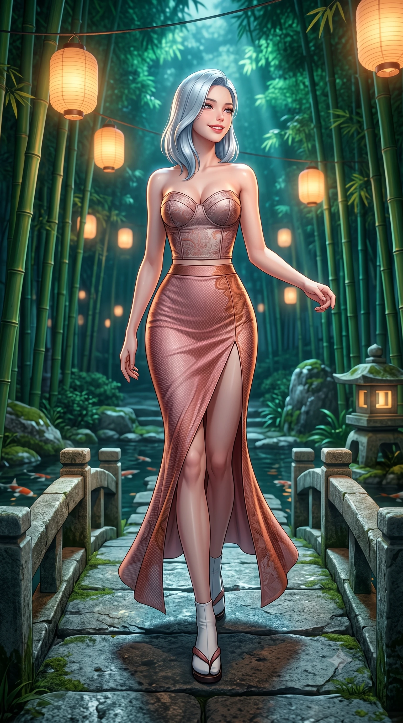 score_9, masterpiece, best quality, ultra-detailed, high-budget anime keyframe, semi-realistic 3D game render, editorial fashion photography, tasteful artistic composition, Korean woman. low angle full-body shot from head to toe showing her feet, filling the entire 9:16 vertical frame with her statuesque presence, stretching her vertical silhouette. stepping forward gracefully across the stone bridge in mid-motion with a radiant beaming smile, hips swaying in an alluring kinetic rhythm that accentuates her curvy hourglass silhouette and long slender legs while walking slowly down the stone pathway flanked by towering emerald bamboo stalks, looking back over her shoulder with an air of effortless oriental grace. The surrounding environment is rendered in vivid detail and crisp panoramic clarity: detailed silk kimono weave, lantern specular glints on hair, and traditional Japanese garden craftsmanship in high resolution. She has an absolutely perfect, statuesque 8.5-heads proportion, an exceptionally tall and slender model-like female figure with impossibly long slender legs, an ultra-slim waist, a flat toned midriff, narrow delicate ribcage, and beautifully sculpted feminine hips creating a graceful, slim hourglass silhouette without any bulky heaviness. sharp v-shaped jawline, high-bridge nose, intricate jewel-like dark sparkling almond eyes with depth, thick lashes, glossy parted lips with a natural rose-plum sheen, bright alluring and coquettish smile with bedroom-eyes, exuding both timeless oriental elegance and sovereign high-fashion allure, flawlessly proportioned anatomical accuracy, strict slender model proportions, natural body alignment, perfectly sculpted long slender limbs, ultra-slim waistline, clean dynamic posture without body distortion. wearing a sweetheart-neckline oriental jacquard bustier top paired with a curve-hugging high-slit mermaid maxi skirt in dusty rose pink and burnished copper, made of sheer technical micro-mesh with contouring shadow effects, featuring a modern sculptural jade hair pin securing her loose silky updo, the liquid-tight tailored silk fabric clinging flawlessly to her narrow waist and rounded feminine hips, emphasizing every millimeter of her sculpted slim hourglass curves without any bulky heaviness. bathed in soft floating amber lantern light and cool moonlit emerald forest canopy fill. highly saturated vibrant anime colors, detailed shading with soft gradients, rich glossy textures, high-contrast stereoscopic depth, volumetric dynamic lighting, master piece, 9:16 ratio
