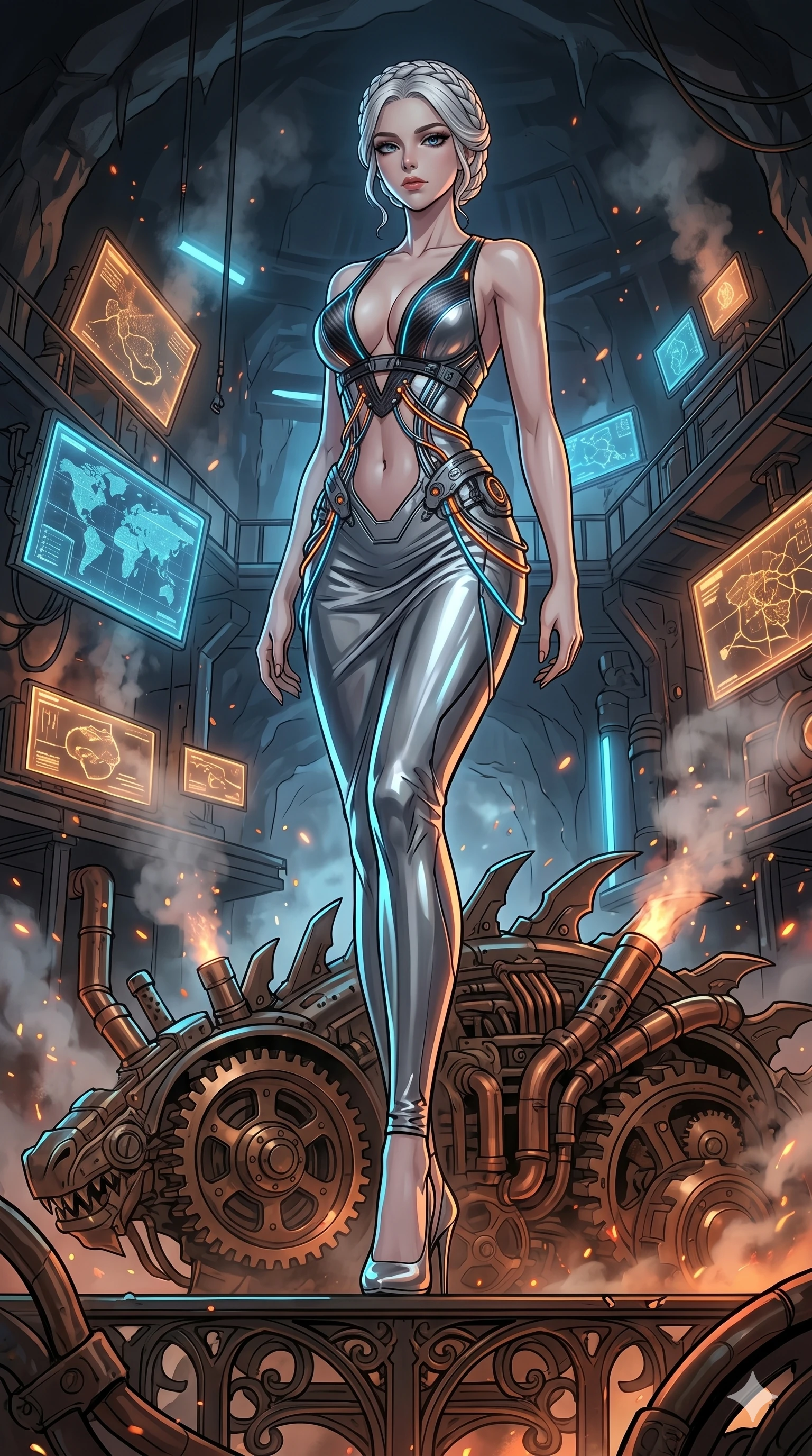 score_9, masterpiece, best quality, ultra-detailed, High-budget Anime Keyframe, vibrant colors, fluid line-art, expressive lighting, cinematic composition, Ufotable-style visual effects, top-tier animation quality, Japanese woman with delicate and elegant anime-inspired features. Dramatic low angle looking up at her majestic stature, dominating the vertical space of the composition. Staring down a colossal mechanical dragon within a sprawling steampunk workshop, steam and embers filling the air. She has an absolutely perfect 8-heads proportion, an exceptionally tall and slender female figure with impossibly long slender legs and an ultra-slim waist, her statuesque height and towering silhouette dominating the vertical 9:16 frame. Her face is a masterpiece featuring a sharp v-shaped jawline, high-bridge nose, intricate jewel-like eyes with depth, thick eyelashes, and glossy lips with a natural sheen. She is wearing a Liquid mercury fabric dress that clings perfectly to her every curve with a deep plunging neckline crafted from Carbon-fiber weave with a high-tech matte finish and integrated glowing filaments, with an exposed midriff and a complex harness system that draws the eye. The scene is set in an underground rebel bunker with flickering holographic screens and tactical maps, illuminated by harsh neon light and deep shadows creating a high-contrast noir aesthetic. 2k, ultra detail, master piece, 9:16 ratio