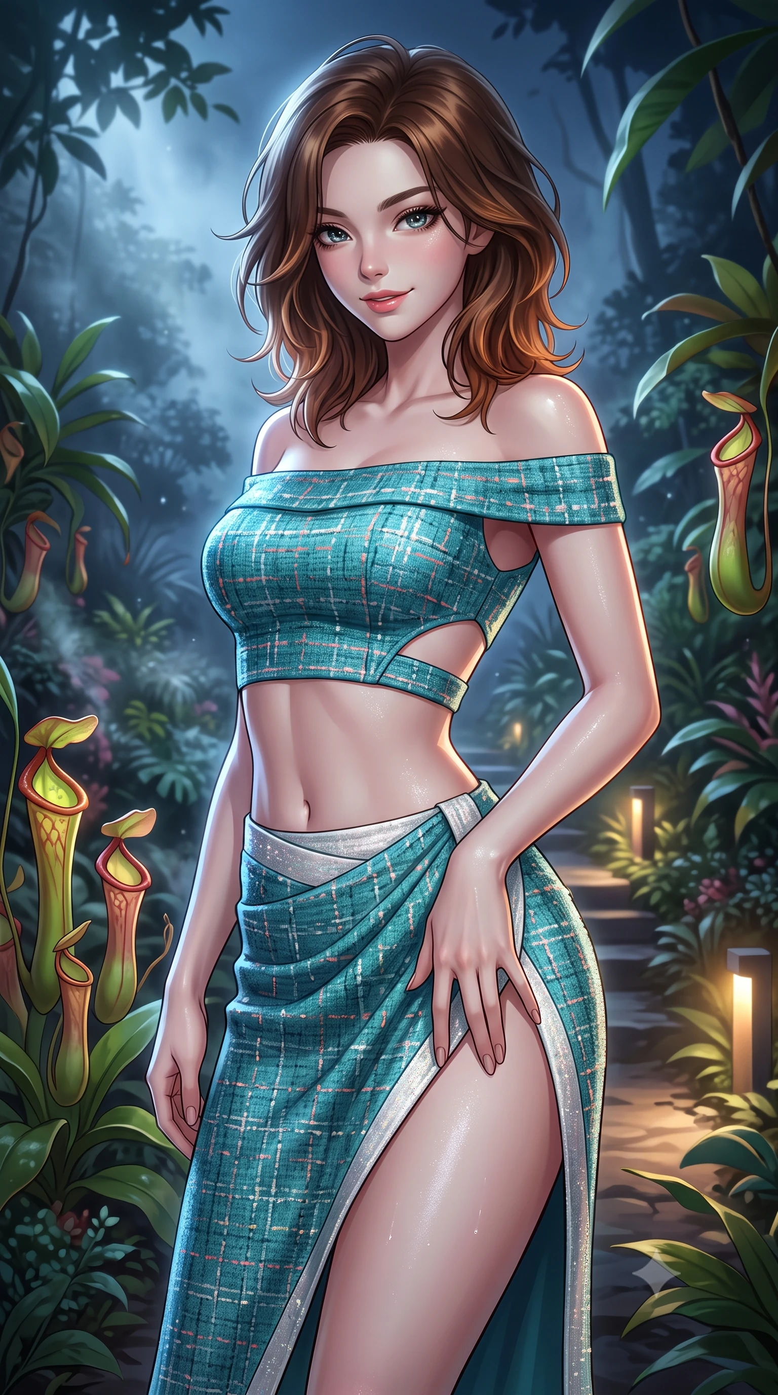 score_9, masterpiece, best quality, ultra-detailed, high-budget anime keyframe, semi-realistic 3D game render, editorial fashion photography, tasteful artistic composition, Korean woman. close-up cowboy shot from the waist and thighs up, the character dominates the composition, filling the frame with her large presence. tilting her head with a teasing half-smile, running one hand slowly down the side of her hip in a flirtatious S-curve as ambient light caresses her silhouette while twisting her slender torso in an alluring S-curve, glowing carnivorous pitcher plants and cool mountain vapor caressing her dewy skin and curves. The surrounding environment is rendered in vivid detail and crisp panoramic clarity: detailed outfit texture, silhouette lines, and botanical engineering in high resolution. She has an exceptionally elegant, slender, and willowy female figure with an ultra-slim waist, flat toned midriff, narrow ribcage, and sculpted feminine hips creating an alluring, slim hourglass silhouette without bulk. sharp v-shaped jawline, high-bridge nose, intricate jewel-like sparkling eyes with depth, thick eyelashes, glossy parted lips with a natural peach sheen, bright cheerful beaming smile with an enchanting and coquettish sensual glint, exuding both youthful cute charm and seductive allure, flawlessly proportioned anatomical accuracy, strict slender model proportions, natural body alignment, perfectly sculpted long slender limbs, ultra-slim waistline, clean dynamic posture without body distortion. wearing a provocative off-the-shoulder crop top with asymmetrical side-torso cutouts and a high-slit wrap skirt in Sentosa tropical coral reef teal and pure iridescent pearl, woven from structured British tweed with subtle metallic flecks, complemented by strappy stiletto sandals with crystal ankle wraps accentuating her slender calves, the second-skin tailored fabric adhering flawlessly to her sculpted flat midriff and slender torso, emphasizing her long leg lines and perfectly proportioned willowy build. bathed in the cool 5000K daylight-white mist illumination mixed with warm 2700K pathway architectural spot LEDs. highly saturated vibrant anime colors, detailed shading with soft gradients, rich glossy textures, high-contrast stereoscopic depth, volumetric dynamic lighting, master piece, 9:16 ratio