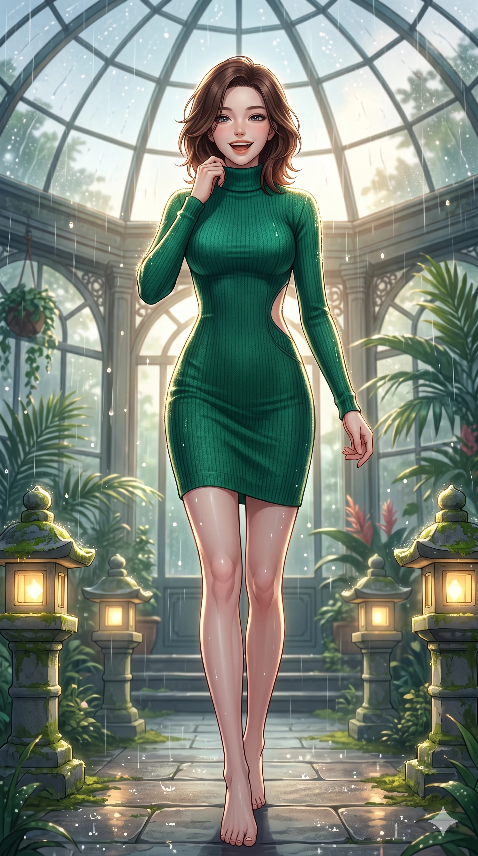 score_9, masterpiece, best quality, ultra-detailed, high-budget anime keyframe, vibrant anime aesthetic, Korean woman. low angle full-body shot from head to toe showing her feet, filling the entire 9:16 vertical frame with her statuesque presence, stretching her vertical silhouette. She is laughing cheerfully while adjusting her collar in the soft drizzle, with a warm and inviting look under the glass conservatory dome. by a quiet garden pavilion pathway lined with glowing stone lanterns in a soft rain (Code-P22-059). She has an absolutely perfect 8-heads proportion, an exceptionally tall and slender female figure with impossibly long slender legs and an ultra-slim waist. V-shaped jawline, high-bridge nose, intricate jewel-like eyes with depth, thick eyelashes, glossy lips with a natural sheen. wearing a bodycon knit dress with an elegant side panel cut-out in emerald green. She is lit by sparkling rain droplets reflecting the morning sun, creating a glowing halo, tracing the elegant lines of her shoulders in the cozy indoor garden. 2k, ultra detail, master piece, 9:16 ratio