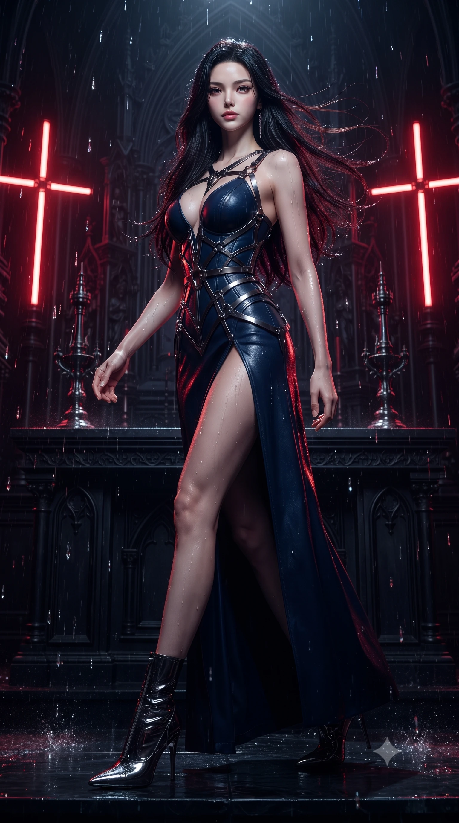 score_9, masterpiece, best quality, ultra-detailed, high-budget anime keyframe, editorial fashion photography, tasteful artistic composition, Korean woman. low angle full-body shot from head to toe showing her feet, filling the entire 9:16 vertical frame with her statuesque presence, stretching her vertical silhouette. stepping gracefully through the dark environment, stretching her statuesque silhouette, poised at the altar of a dark cyber-gothic sanctuary illuminated by glowing red laser crosses, cold rain droplets sparkling like diamonds against her dark attire. She has an absolutely perfect, statuesque 8.5-heads proportion, an exceptionally tall and slender model-like female figure with impossibly long slender legs and an ultra-slim waist. sharp v-shaped jawline, high-bridge nose, intricate jewel-like eyes with depth, thick eyelashes, glossy lips with a natural sheen. wearing low-cut gothic structured bodice gown with high leg slit in midnight navy blue, made of polished black leather, highlighted by a gunmetal metallic harness structure, sculpting her athletic slender build with refined precision. bathed in sharp crimson laser rim light piercing cold midnight shadows. ultra-reflective glossy finish, specular highlights, metallic sheen, high-contrast stereoscopic depth, volumetric dynamic lighting, 2k, ultra detail, master piece, 9:16 ratio
