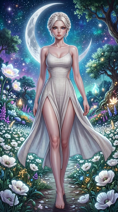 score_9, masterpiece, best quality, ultra-detailed, Set A: Photorealistic 8k CG, Japanese woman. Low angle cowboy shot filling the entire 9:16 frame with her statuesque presence. Walking through a field of white poppies under a silver moon in a fanta