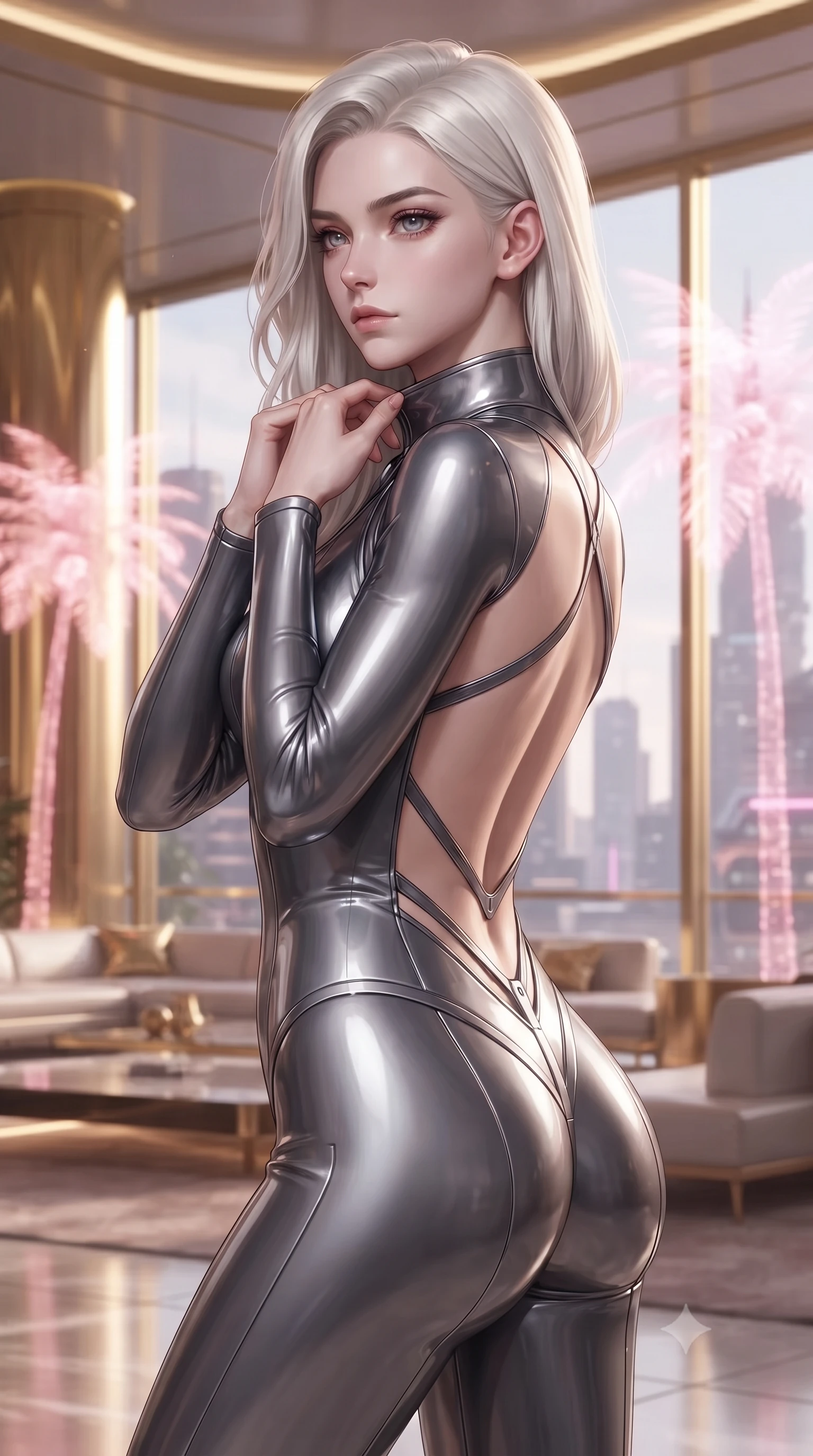 score_9, masterpiece, best quality, ultra-detailed, high-budget anime keyframe, editorial fashion photography, tasteful artistic composition, Caucasian woman. close-up cowboy shot from the waist and thighs up, the character dominates the composition, filling the frame with her large presence, background elements kept in soft focus. adjusting the high collar of her body-hugging suit, looking past the camera with quiet, sharp focus and a composed expression, the background shows a soft-focus a luxury lounge with floor-to-ceiling windows and gold-plated details. She has an exceptionally elegant, slender, and willowy female figure with an ultra-slim waist, a gracefully sculpted slender torso, and a refined silhouette. sharp v-shaped jawline, high-bridge nose, intricate jewel-like eyes with depth, thick eyelashes, glossy lips with a natural sheen. wearing a tailored low-cut cybernetic bodysuit with open-back design and thin structural straps crossing her bare shoulder blades. pink holographic palm trees casting a soft, warm glow over the lounge. ultra-reflective glossy finish, specular highlights, metallic sheen, high-contrast stereoscopic depth, volumetric dynamic lighting, 2k, ultra detail, master piece, 9:16 ratio