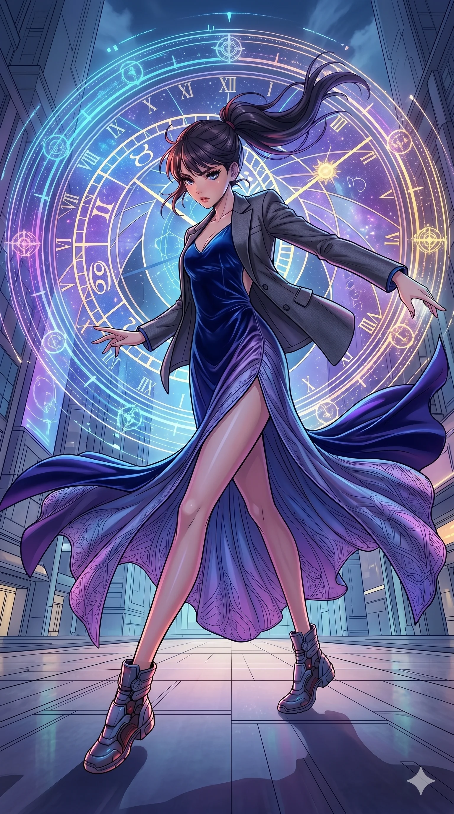 score_9, masterpiece, best quality, ultra-detailed, high-budget anime movie keyframe, cinematic anime lighting, intricate line art, Korean woman. Dynamic full-body shot stretching the vertical silhouette with extreme perspective. interfacing with a giant holographic world clock in a plaza. She has an absolutely perfect 8-heads proportion, an exceptionally tall and slender female figure with graceful and slender proportions. strictly human anatomy, two legs only, no extra limbs, clearly defined legs and arms, perfect anatomy, perfect hands and fingers. sharp v-shaped jawline, high-bridge nose, intricate jewel-like eyes, thick eyelashes, glossy lips. Wearing High-Fashion Editorial: Silk slip dress with elegant side slit, backless velvet gown, and structured blazer over a coordinated top. The scene is illuminated by dramatic atmospheric lighting and vibrant color palettes. , 2k, ultra detail, master piece, 9:16 ratio