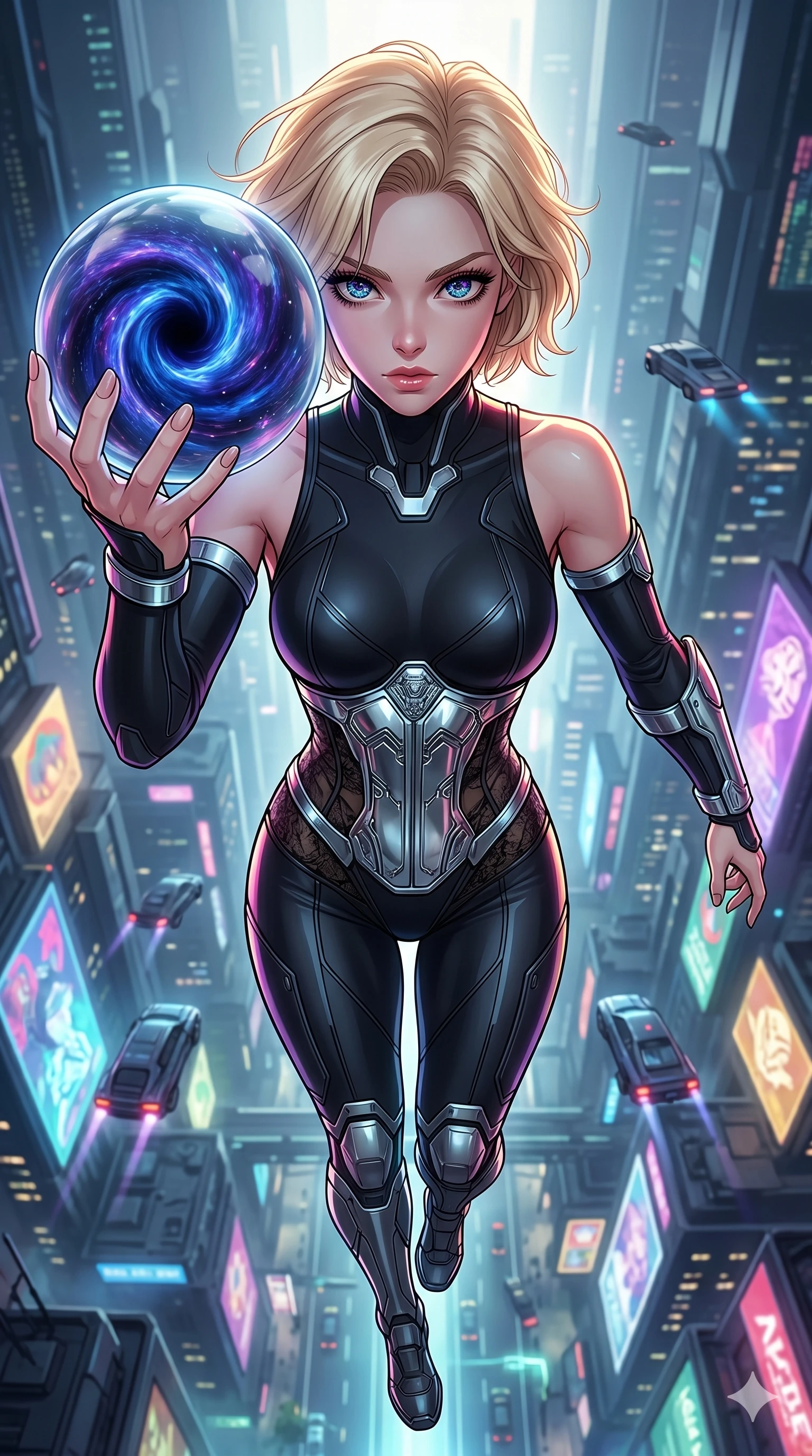 score_9, masterpiece, best quality, ultra-detailed, high-budget anime movie keyframe, cinematic anime lighting, intricate line art, Korean woman. Extreme high angle shot as she leaps towards the camera, filling the frame. staring into a singularity held within a glass sphere. She has an absolutely perfect 8-heads proportion, an exceptionally tall and slender female figure with graceful and slender proportions. strictly human anatomy, two legs only, no extra limbs, clearly defined legs and arms, perfect anatomy, perfect hands and fingers. sharp v-shaped jawline, high-bridge nose, intricate jewel-like eyes, thick eyelashes, glossy lips. Wearing Cyber-Tech Legacy: Asymmetrical sleek tech-bodysuit with detached sleeves and chrome-plated corset over sheer lace. The scene is illuminated by dramatic atmospheric lighting and vibrant color palettes. , 2k, ultra detail, master piece, 9:16 ratio