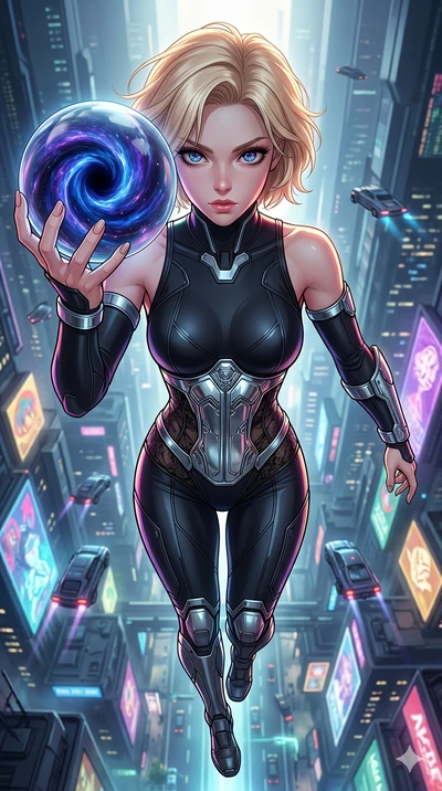 score_9, masterpiece, best quality, ultra-detailed, high-budget anime movie keyframe, cinematic anime lighting, intricate line art, Korean woman. Extreme high angle shot as she leaps towards the camera, filling the frame. staring into a singularity h