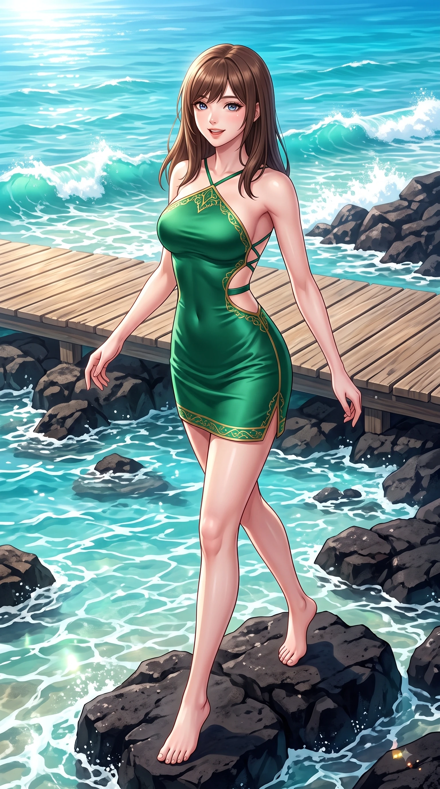 score_9, masterpiece, best quality, ultra-detailed, high-budget anime keyframe, editorial fashion photography, tasteful artistic composition, Korean woman. low angle full-body shot from head to toe showing her feet, filling the entire 9:16 vertical frame with her statuesque presence, stretching her vertical silhouette. stepping forward gracefully in mid-motion with a delighted cute expression, displaying her statuesque model proportions while pivoting gracefully on dark volcanic basalt rocks as clear turquoise ocean waves lap nearby. The surrounding environment is rendered in vivid detail and crisp panoramic clarity. vibrant sea foam crests, wooden boardwalk planks, and crisp blue sky captured in high clarity. She has an absolutely perfect, statuesque 8.5-heads proportion, an exceptionally tall and slender model-like female figure with impossibly long slender legs and an ultra-slim waist. sharp v-shaped jawline, high-bridge nose, intricate jewel-like eyes with depth, thick eyelashes, glossy lips with a natural sheen, flawlessly proportioned anatomical accuracy, natural body alignment, perfectly sculpted elegant limbs, clean dynamic posture without body distortion. wearing a form-contouring bodycon dress featuring subtle strategic side waist cutouts in bright emerald green and warm gold trim, crafted from smooth liquid silk satin, finished with delicate criss-cross back straps highlighting her bare shoulders, the tailored fabric tightly following every curve of her athletic build. bathed in bright tropical sunshine and glittering ocean water refractions. highly saturated vibrant anime colors, detailed shading with soft gradients, rich glossy textures, high-contrast stereoscopic depth, volumetric dynamic lighting, master piece, 9:16 ratio