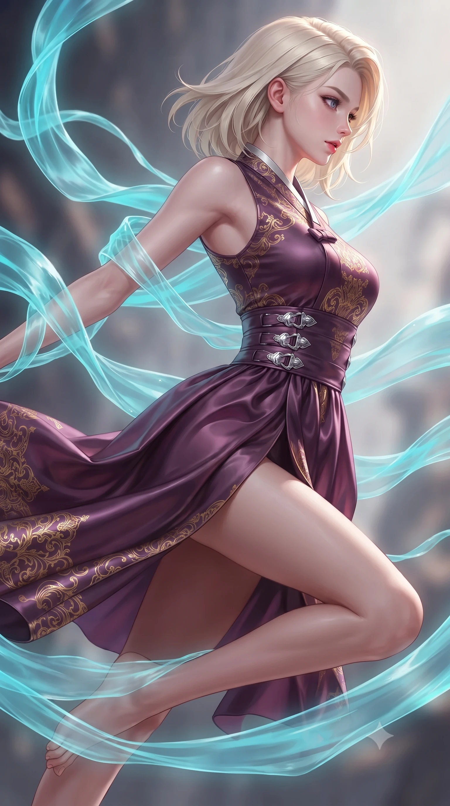 score_9, masterpiece, best quality, ultra-detailed, high-budget anime keyframe, editorial fashion photography, tasteful artistic composition, Caucasian woman. close-up cowboy shot from the waist and thighs up, the character dominates the composition, filling the frame with her large presence, background elements kept in soft focus. Turning her face in sharp profile while her upper body leans forward with poised athletic grace while floating dynamically in mid-air while weaving translucent cyan plasma ribbons around her body, translucent silk-like plasma streams swirling around her silhouette. She has an exceptionally elegant, slender, and willowy female figure with an ultra-slim waist, a gracefully sculpted slender torso, and a refined silhouette. sharp v-shaped jawline, high-bridge nose, intricate jewel-like eyes with depth, thick eyelashes, glossy lips with a natural sheen, flawlessly proportioned anatomical accuracy, natural body alignment, perfectly sculpted elegant limbs, clean dynamic posture without body distortion. wearing a modern fusion silk hanbok dress with a structured bodice and flowing skirt in plum purple and gold filigree, crafted from lustrous satin jersey with fluid draping, detailed with polished silver buckles along the waistline, the sleek second-skin texture accentuating her magnetic presence. surrounded by a vibrant fluorescent aura with bright specular rim lights. ultra-reflective glossy finish, specular highlights, metallic sheen, high-contrast stereoscopic depth, volumetric dynamic lighting, 2k, ultra detail, master piece, 9:16 ratio