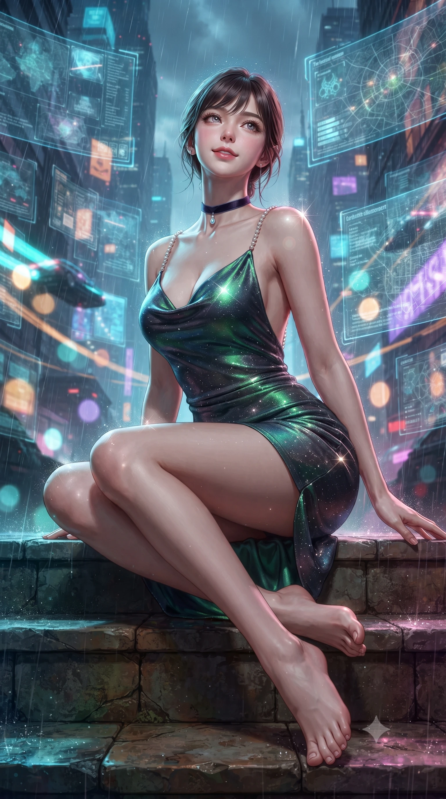 score_9, masterpiece, best quality, ultra-detailed, high-budget anime keyframe, editorial fashion photography, tasteful artistic composition, Korean woman. low angle full-body shot from head to toe showing her feet, filling the entire 9:16 vertical frame with her statuesque presence, stretching her vertical silhouette. sitting poised on the stone steps with one knee bent, arching her spine with supermodel elegance as she glances upward through thick eyelashes while twisting her slender torso in an alluring contrapposto stance, glowing holographic surveillance screens and neon rain tracing her curves. The background shows a soft-focus translucent holographic tactical data maps, endless rainy neon skyscrapers, and flying transport trails blurred into cyan, amber, and violet bokeh. She has an absolutely perfect, statuesque 8.5-heads proportion, an exceptionally tall and slender model-like female figure with impossibly long slender legs, an ultra-slim waist, a flat toned midriff, narrow delicate ribcage, and beautifully sculpted feminine hips creating a graceful, slim hourglass silhouette without any bulky heaviness. sharp v-shaped jawline, high-bridge nose, sparkling eyes with hypnotic seductive depth, thick curled eyelashes, glossy parted lips with a natural dewy peach sheen, alluring bedroom-eyes with an enchanting coquettish smile, exuding magnetic siren charisma and sophisticated glamour, flawlessly proportioned anatomical accuracy, strict slender model proportions, natural body alignment, perfectly sculpted long slender limbs, ultra-slim waistline, clean dynamic posture without body distortion. wearing a low-cut draped cowl-back satin slip mini dress with dainty pearl spaghetti straps in iridescent emerald satin and dark charcoal velvet, woven from stretch metallic lurex jersey casting radiant starlight glints across her silhouette, finished with a thin velvet ribbon choker and a single teardrop diamond pendant, the liquid-tight tailored fabric clinging flawlessly to her narrow waist and rounded feminine hips, emphasizing every millimeter of her sculpted slim hourglass curves without any bulky heaviness. illuminated by polished floor reflections and sharp electric-cyan rim lights sculpting her razor-sharp jawline, narrow waist, and curvy hips. ultra-reflective glossy finish, specular highlights, rich textural contrasts, high-contrast stereoscopic depth, volumetric dynamic lighting, 2k, ultra detail, master piece, 9:16 ratio