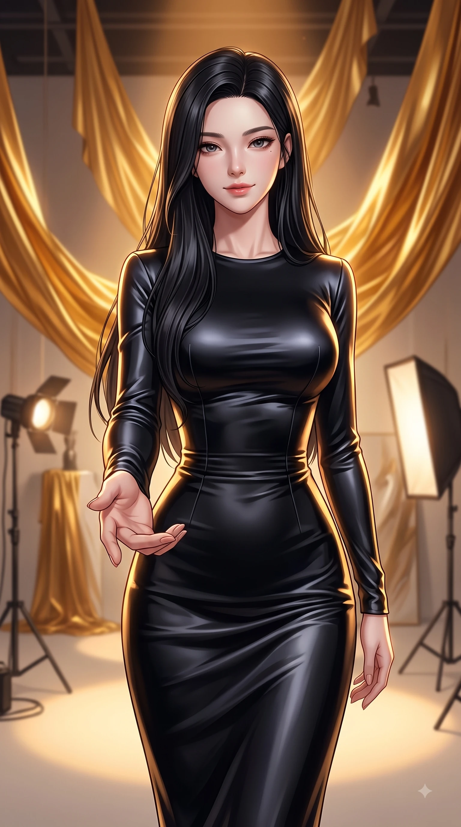 score_9, masterpiece, best quality, ultra-detailed, high-budget anime keyframe, editorial fashion photography, tasteful artistic composition, Korean woman woman. close-up cowboy shot from the waist and thighs up, the character dominates the composition, filling the frame with her large presence, background elements kept in soft focus. She has an exceptionally elegant, slender, and willowy female figure with an ultra-slim waist, a gracefully sculpted slender torso, and a refined silhouette. reaching one hand toward the viewer with relaxed elegance, her gaze holding quiet authority, flawlessly proportioned anatomical accuracy, natural body alignment, perfectly sculpted elegant limbs, clean dynamic posture without body distortion. set against a soft-focus background of an avant-garde art studio with suspended liquid gold drapes. wearing a sleek obsidian liquid silk midi dress with a tight tailored waistline. bathed in warm amber spotlighting creating metallic specular highlights on her form. highly saturated vibrant anime colors, detailed shading with soft gradients, rich glossy textures, high-contrast stereoscopic depth, volumetric dynamic lighting, master piece, 9:16 ratio