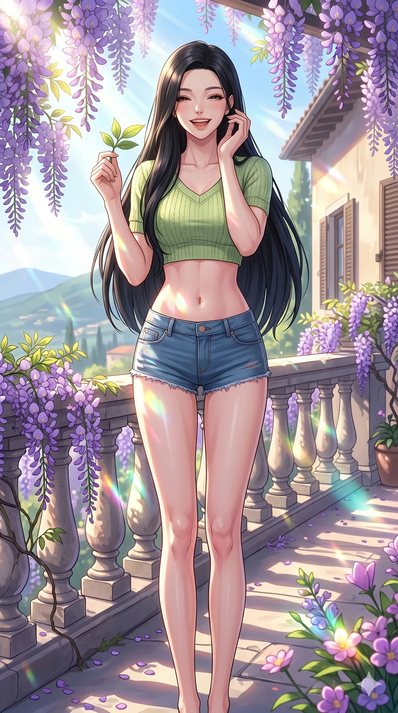 score_9, masterpiece, best quality, ultra-detailed, high-budget anime keyframe, vibrant anime aesthetic, Korean woman. cowboy shot from the thighs up, character and outfit filling the frame for maximum presence. She is laughing happily while holding a spring leaf, her face curved in a warm smile by a private villa terrace lined with blooming wisteria (Code-P20-061). She has an absolutely perfect 8-heads proportion, an exceptionally tall and slender female figure with impossibly long slender legs and an ultra-slim waist. V-shaped jawline, high-bridge nose, intricate jewel-like eyes with depth, thick eyelashes, glossy lips with a natural sheen. wearing a cropped knit top showing her bare midriff and denim micro-shorts. She is lit by bright sunbeams reflecting off spring flowers, casting colorful highlights. 2k, ultra detail, master piece, 9:16 ratio