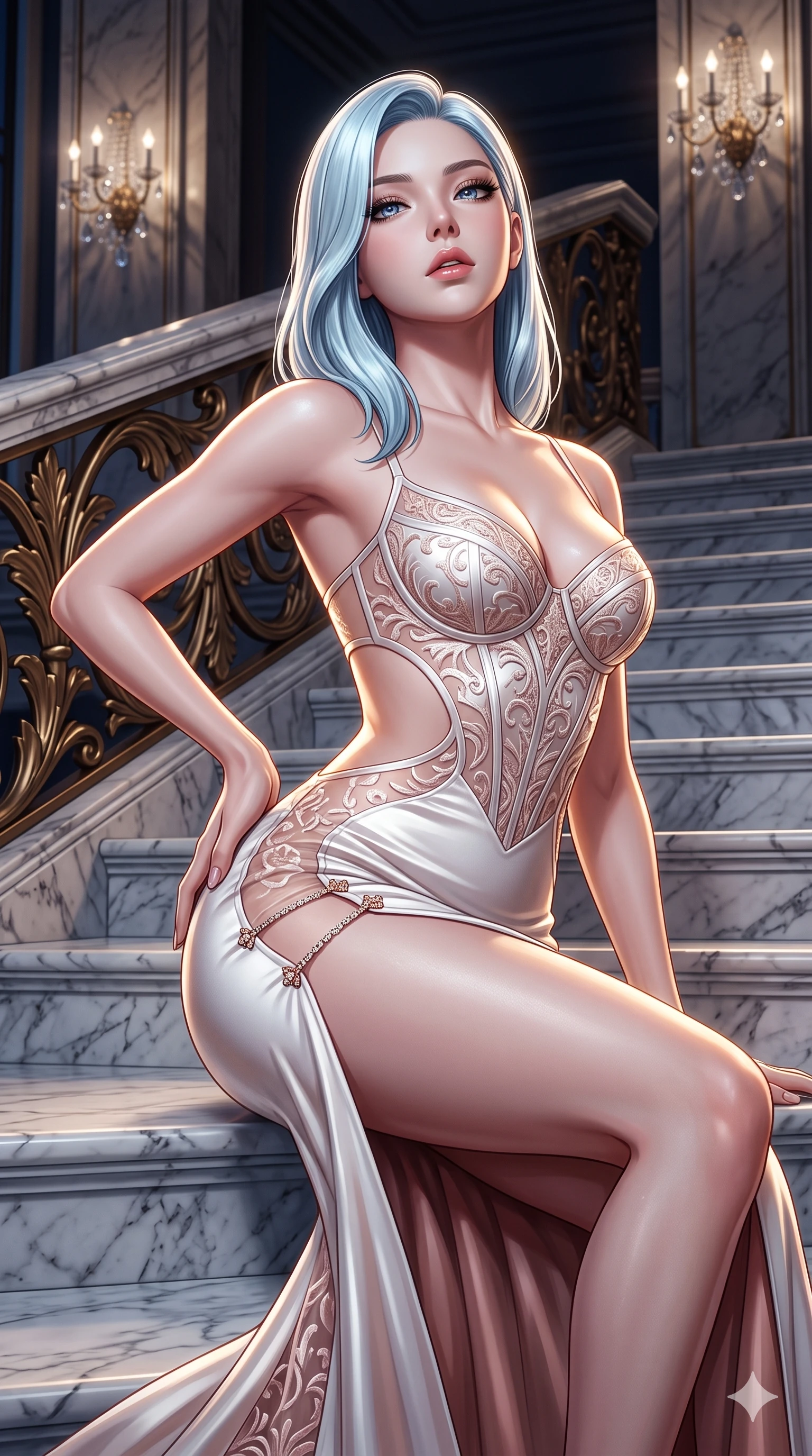 score_9, masterpiece, best quality, ultra-detailed, high-budget anime keyframe, semi-realistic 3D game render, editorial fashion photography, tasteful artistic composition, Korean woman. close-up cowboy shot from the waist and thighs up, the character dominates the composition, filling the frame with her large presence. arching her spine backward with effortless dancer poise, one hand sliding along her hip line as directional light carves specular highlights along her silhouette while sitting poised on the polished Carrara marble steps with one knee bent, arching her spine with supermodel elegance as she glances upward through thick eyelashes. The surrounding environment is rendered in vivid detail and crisp panoramic clarity: sharp marble step vein textures, crisp cast-bronze acanthus leaf details, and crystal wall sconce facets in deep focus. She has an exceptionally elegant, slender, and willowy female figure with an ultra-slim waist, flat toned midriff, narrow ribcage, and sculpted feminine hips creating an alluring, slim hourglass silhouette without bulk. sharp v-shaped jawline, high-bridge nose, intricate jewel-like sparkling eyes with depth, thick eyelashes, glossy parted lips with a natural sheen, intensely captivating and seductive bedroom-eyes expression, exuding both youthful cute charm and sovereign luxury allure, flawlessly proportioned anatomical accuracy, strict slender model proportions, natural body alignment, perfectly sculpted long slender limbs, ultra-slim waistline, clean dynamic posture without body distortion. wearing a sculptured liquid-satin mermaid gown with an architectural open-waist cutout and bare spine in celestial porcelain white and rose-gold, made of sheer contouring power-mesh with velvet flocking patterns, finished with an ultra-high side slit secured by miniature jeweled clasps, the bespoke structured tailoring following the natural line of her 8.5-heads silhouette with refined elegance. illuminated by white marble floor bounce and sharp diamond-gold rim lights carving her sculpted collarbones, ultra-slim waist, and curvy hips. highly saturated vibrant anime colors, detailed shading with soft gradients, rich glossy textures, high-contrast stereoscopic depth, volumetric dynamic lighting, master piece, 9:16 ratio