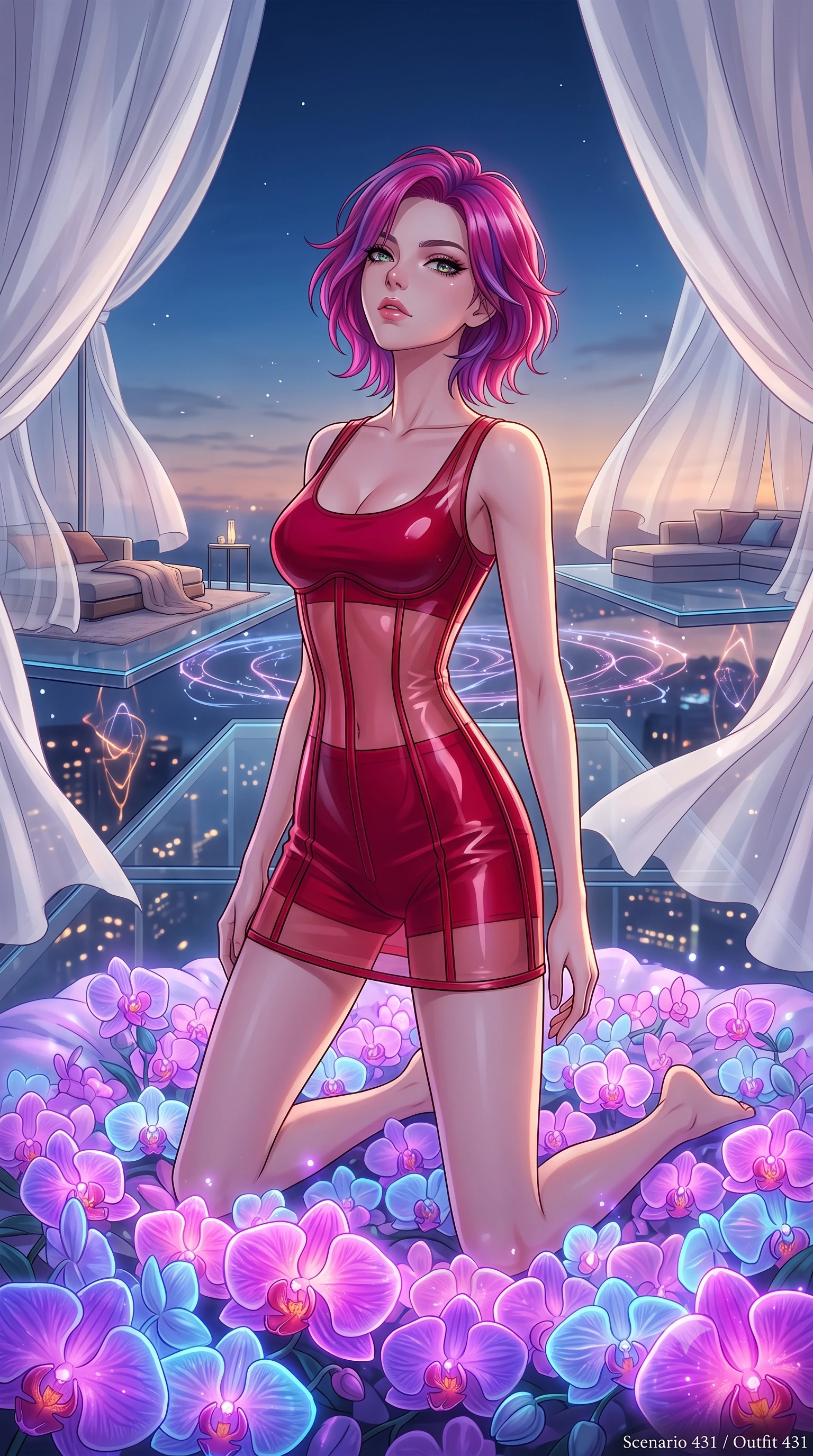 score_9, masterpiece, best quality, ultra-detailed, High-budget Anime Keyframe, Caucasian woman, strictly human ears. Dynamic full-body shot stretching the vertical silhouette to the limit. Scenario 431: kneeling on a soft bed of glowing neon orchids under a luxury sky-lounge with floating glass platforms and white silk drapes. Her presence is magnetic and overpowering in this high-budget anime scene. Outfit 431: a form-contouring crimson red translucent PVC corset dress worn over an opaque crop top and high-waisted shorts. The clothing is designed to emphasize her exceptionally tall and slender 8-heads proportion. 8-heads proportion, towering silhouette, ultra-slim waist. sharp v-shaped jawline, intricate jewel-like eyes with depth, thick eyelashes, glossy lips. 2k, ultra detail, master piece, 9:16 ratio