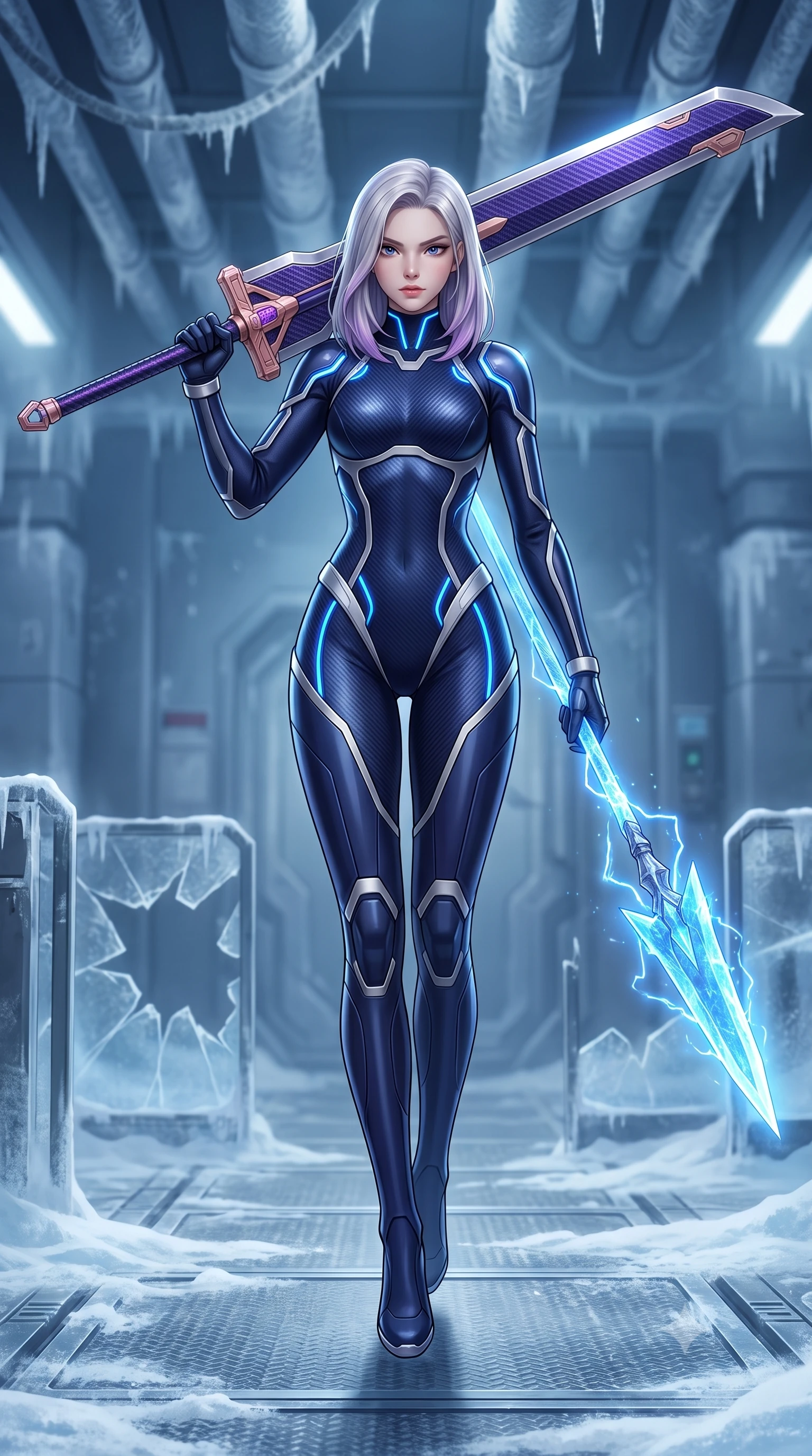 score_9, masterpiece, best quality, ultra-detailed, high-budget anime keyframe, semi-realistic 3D game render, editorial fashion photography, tasteful artistic composition, Caucasian woman. low angle full-body shot from head to toe showing her feet, filling the entire 9:16 vertical frame with her statuesque presence, stretching her vertical silhouette. performing an alluring mid-air combat landing with flawless poise, looking directly into the camera with regal, deadly intensity while standing poised in a frost-covered cryogenics laboratory holding a glowing crystalline cryo-spear crackling with sub-zero energy. The composition keeps background elements in soft focus with creamy bokeh. shattered security barriers and overhead frosted conduits softened in quiet atmospheric focus. She has an absolutely perfect, statuesque 8.5-heads proportion, an exceptionally tall and slender model-like female figure with impossibly long slender legs, a toned flat midriff, and an ultra-slim waist. sharp v-shaped jawline, high-bridge nose, intricate jewel-like eyes with depth, thick eyelashes, glossy lips with a natural sheen, flawlessly proportioned anatomical accuracy, strict slender model proportions, natural body alignment, perfectly sculpted long slender limbs, ultra-slim waistline, clean dynamic posture without body distortion. wearing a statuesque midnight cobalt carbon-fiber armor-suit with platinum trim and an ultra-slim waistline, resting a massive sleek high-frequency anti-material greatsword across her shoulder in royal purple carbon fiber with rose-gold hardware and clasps, made of lightweight aerodynamic carbon-titanium alloy with polished edge bevels, accented with glowing fiber-optic conduits tracing her collarbones and hip curves, the sleek second-skin cut tightly hugging her graceful clavicle, narrow waist, and feminine curves with athletic precision. surrounded by a cool, lethal, and breathtakingly alluring frost-goddess special-operative aura. rich saturated anime colors with glowing neon highlights, detailed shading with soft gradients, rich glossy textures, high-contrast stereoscopic depth, volumetric dynamic lighting, master piece, 9:16 ratio