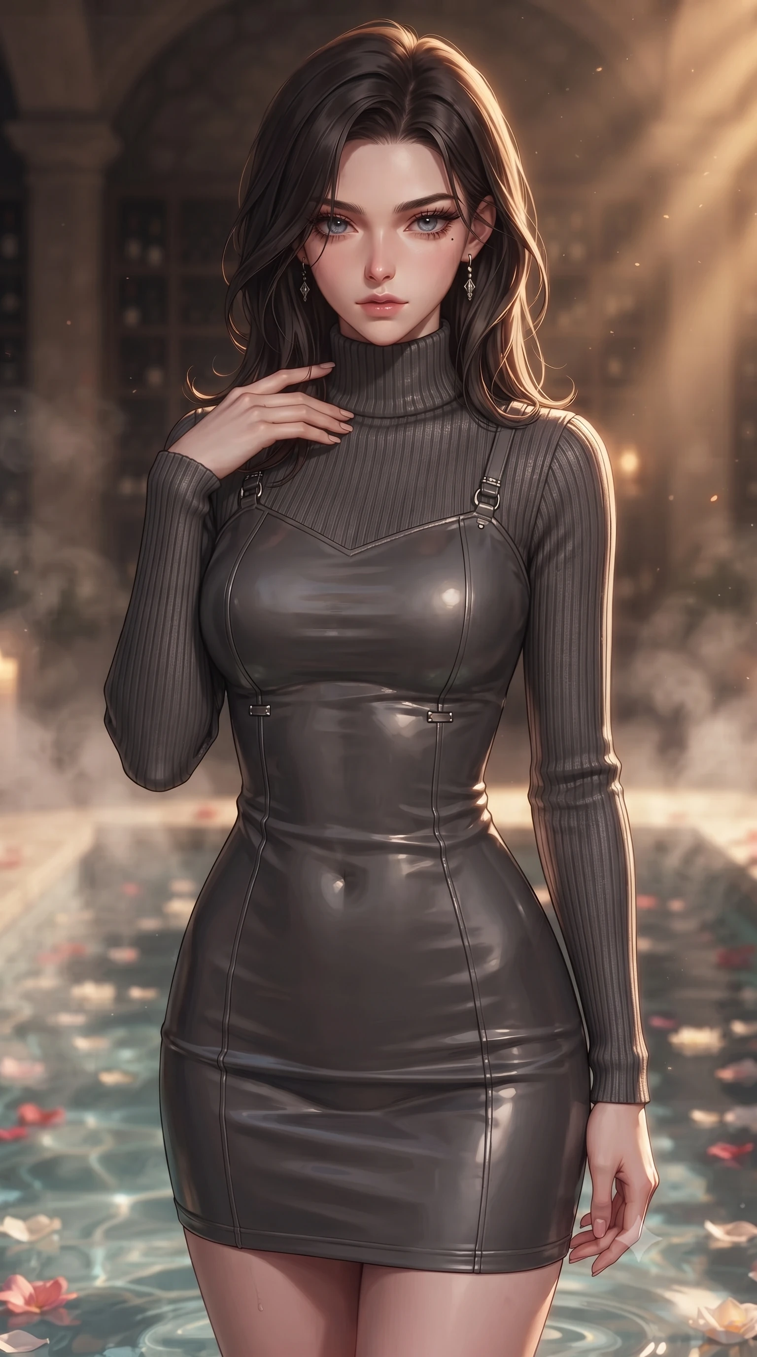 score_9, masterpiece, best quality, ultra-detailed, high-budget anime keyframe, editorial fashion photography, tasteful artistic composition, Korean woman. close-up cowboy shot from the waist and thighs up, the character dominates the composition, filling the frame with her large presence, background elements kept in soft focus. gently tracing her fingertips along her bare collarbone, casting a sultry gaze beneath long dark eyelashes set against a soft-focus background of inside an exclusive wine cellar alcove with rising mineral steam and floating flower petals on the clear water surface. She has an exceptionally elegant, slender, and willowy female figure with an ultra-slim waist, a gracefully sculpted slender torso, and a refined silhouette. sharp v-shaped jawline, high-bridge nose, intricate jewel-like eyes with depth, thick eyelashes, glossy lips with a natural sheen. wearing body-hugging charcoal glossy leather form-fitting ribbed knit turtleneck dress outlining her slender silhouette accented with delicate silver hardware. bathed in warm golden hour sunbeams that cast long, romantic shadows across the floor. ultra-reflective glossy finish, specular highlights, metallic sheen, high-contrast stereoscopic depth, volumetric dynamic lighting, 2k, ultra detail, master piece, 9:16 ratio