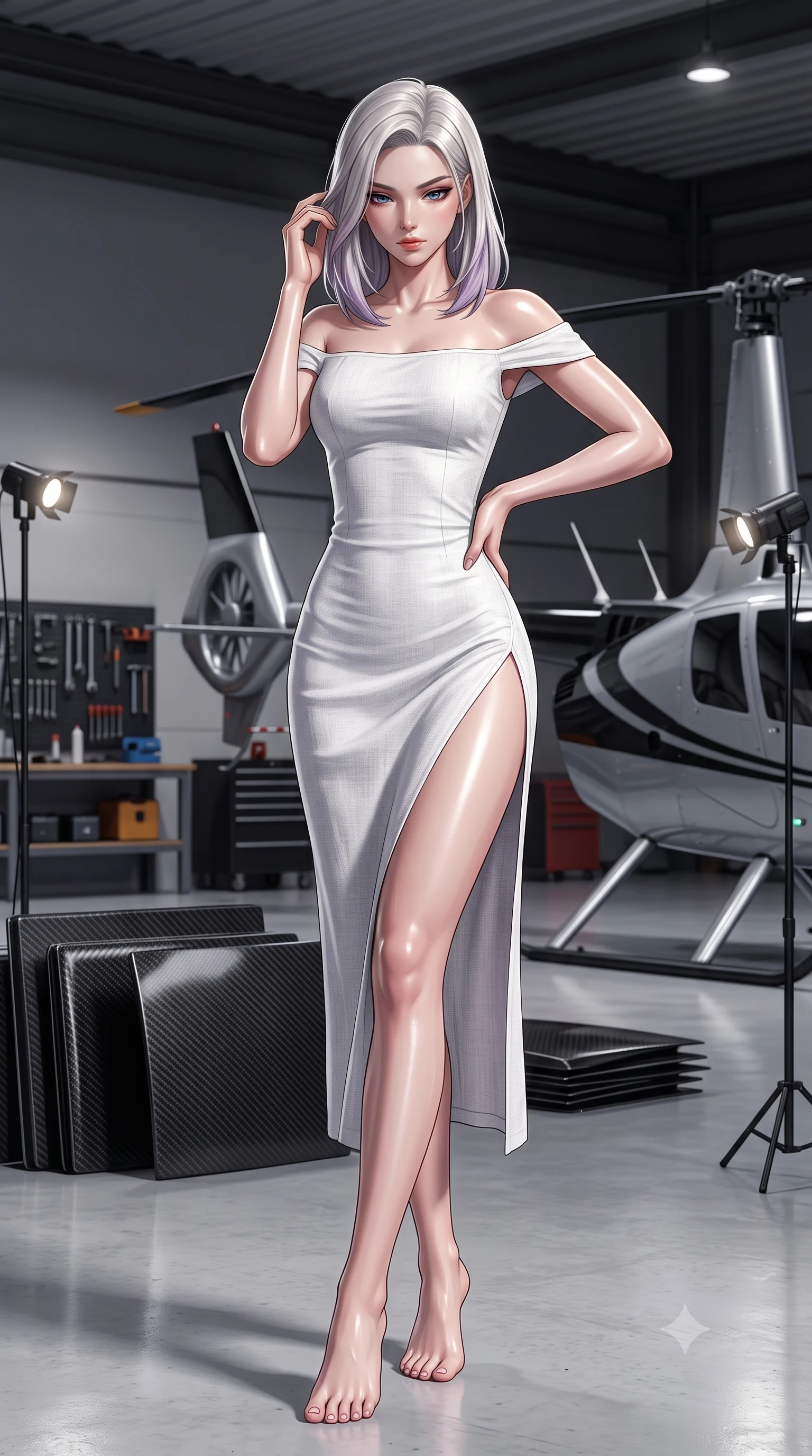 score_9, masterpiece, best quality, ultra-detailed, high-budget anime keyframe, editorial fashion photography, tasteful artistic composition, Caucasian woman. low angle full-body shot from head to toe showing her feet, filling the entire 9:16 vertical frame with her statuesque presence, stretching her vertical silhouette. posing confidently with one hand on her hip, stretching her statuesque body to emphasize her curves the background shows a soft-focus a private helicopter hangar with steel racks, tools, and carbon fiber panels. She has an absolutely perfect, statuesque 8.5-heads proportion, an exceptionally tall and slender model-like female figure with impossibly long slender legs and an ultra-slim waist. sharp v-shaped jawline, high-bridge nose, intricate jewel-like eyes with depth, thick eyelashes, glossy lips with a natural sheen. wearing a slim-fit off-shoulder white linen summer dress featuring a high side slit ascending to mid-thigh. focused spotlights casting sharp, detailed shadows across her figure. ultra-reflective glossy finish, specular highlights, metallic sheen, high-contrast stereoscopic depth, volumetric dynamic lighting, 2k, ultra detail, master piece, 9:16 ratio