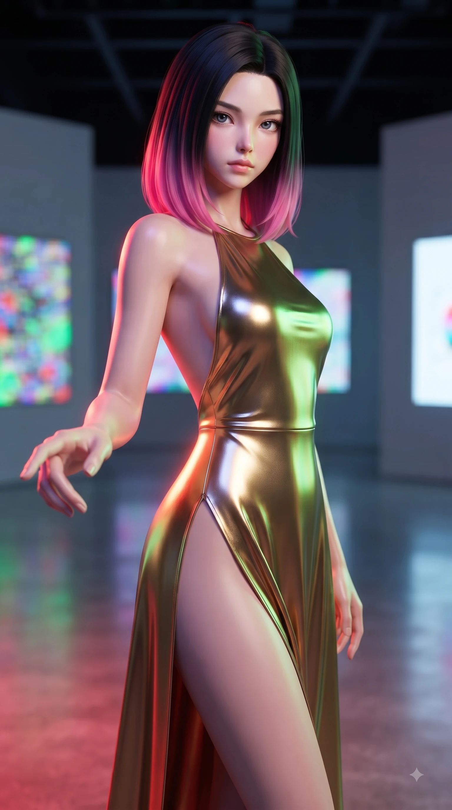 score_9, masterpiece, best quality, ultra-detailed, high-budget anime keyframe, editorial fashion photography, tasteful artistic composition, Korean woman woman. close-up cowboy shot from the waist and thighs up, the character dominates the composition, filling the frame with her large presence, background elements kept in soft focus. She has an exceptionally elegant, slender, and willowy female figure with an ultra-slim waist, a gracefully sculpted slender torso, and a refined silhouette. reaching one hand toward the viewer with relaxed elegance, her gaze holding quiet authority, flawlessly proportioned anatomical accuracy, natural body alignment, perfectly sculpted elegant limbs, clean dynamic posture without body distortion. set against a soft-focus background of a high-end gallery with RGB noise digital canvas displays. wearing a backless metallic gold halter gown with a daring high side slit to mid-thigh. bathed in dynamic shifting RGB neon lights creating dramatic high-contrast rim light. ultra-reflective glossy finish, specular highlights, metallic sheen, high-contrast stereoscopic depth, volumetric dynamic lighting, 2k, ultra detail, master piece, 9:16 ratio