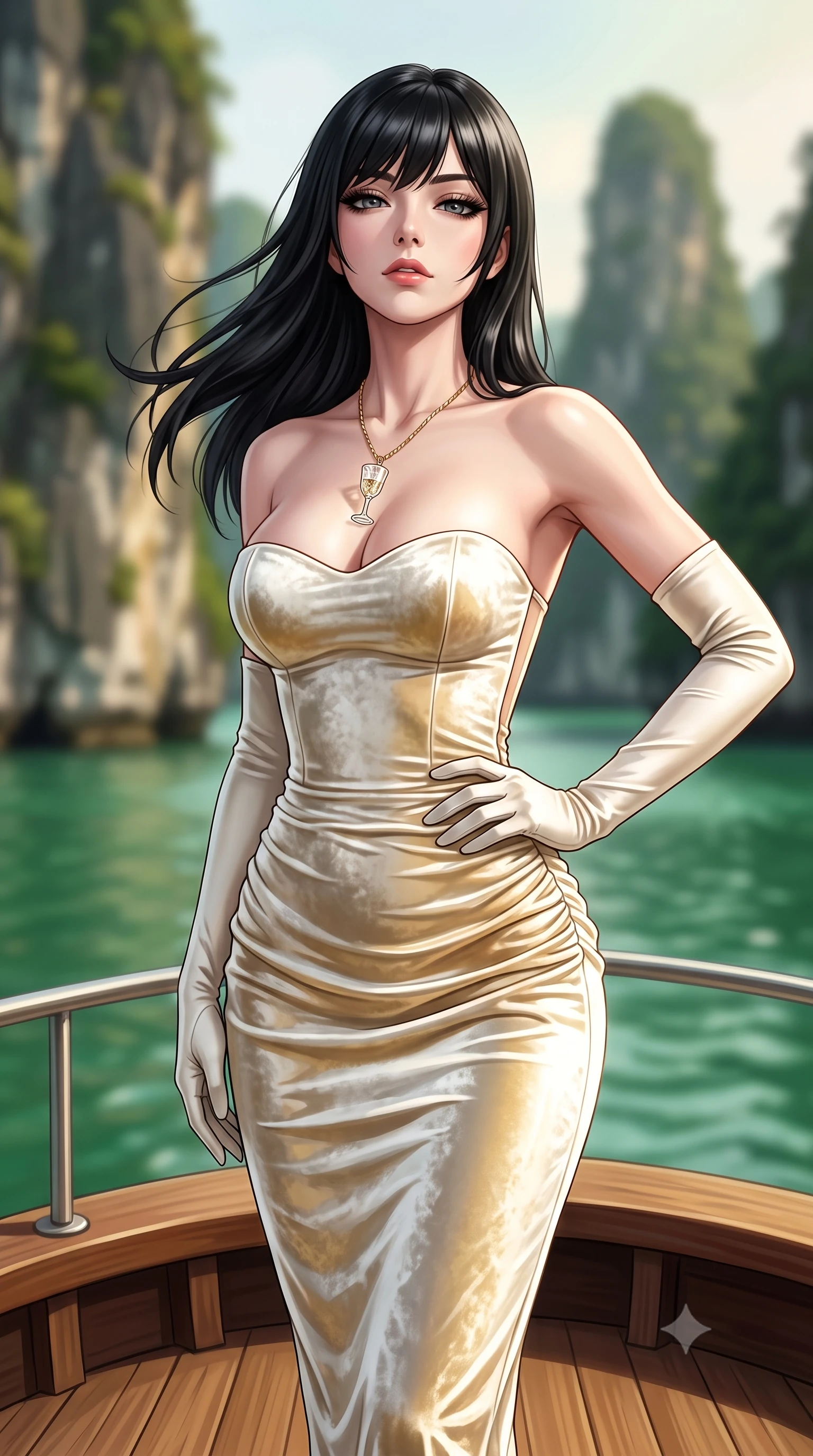 score_9, masterpiece, best quality, ultra-detailed, high-budget anime keyframe, semi-realistic 3D game render, editorial fashion photography, tasteful artistic composition, Caucasian woman. close-up cowboy shot from the waist and thighs up, the character dominates the composition, filling the frame with her large presence. tilting her chin up with proud, sovereign allure while gazing through thick eyelashes, one hand resting on her waist in pure supermodel charisma while standing poised on the forward observation deck with one hand on her hip, her silk dress fluttering in the morning sea breeze as towering limestone pillars surround her. The composition keeps background elements in soft focus with creamy bokeh. towering jagged limestone karst pinnacles and jade green bay waters blurred into emerald, misty gold, and soft moss bokeh. She has an exceptionally elegant, slender, and willowy female figure with an ultra-slim waist, flat toned midriff, narrow ribcage, and sculpted feminine hips creating an alluring, slim hourglass silhouette without bulk. sharp v-shaped jawline, high-bridge nose, intricate jewel-like eyes with depth, thick eyelashes, glossy parted lips with a natural sheen, intensely captivating and seductive bedroom-eyes expression, flawlessly proportioned anatomical accuracy, strict slender model proportions, natural body alignment, perfectly sculpted long slender limbs, ultra-slim waistline, clean dynamic posture without body distortion. wearing an ultra-fitted strapless bustier midi dress with side hip ruching and exposed spine in pure alabaster white and sun-kissed gold, crafted from heavyweight crushed silk velvet with liquid vintage luster, accessorized with opera-length satin gloves and a vintage crystal glass, the liquid-tight tailored fabric clinging flawlessly to her narrow waist and rounded feminine hips, emphasizing every millimeter of her sculpted slim hourglass curves without any bulky heaviness. illuminated by radiant jade water reflections accentuating her sculpted midriff, narrow waist, and curvy hips. highly saturated vibrant anime colors, detailed shading with soft gradients, rich glossy textures, high-contrast stereoscopic depth, volumetric dynamic lighting, master piece, 9:16 ratio
