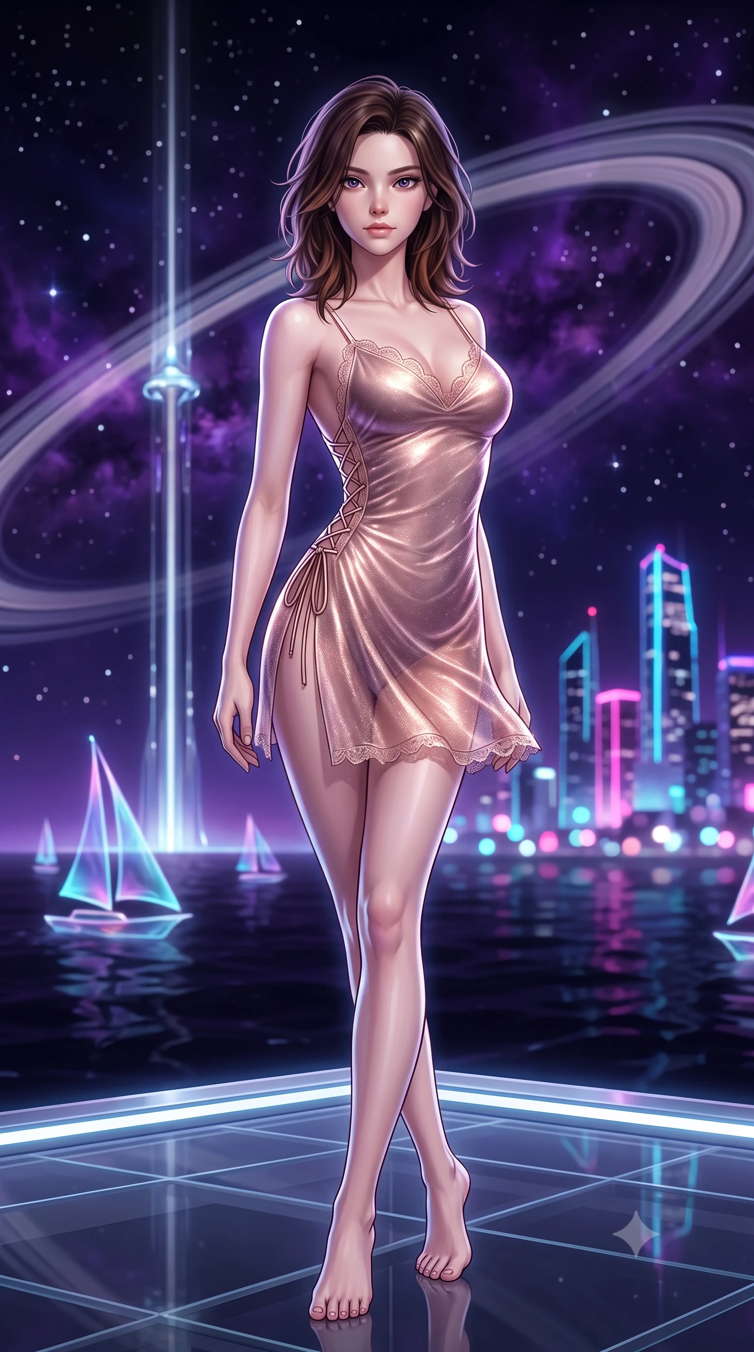 score_9, masterpiece, best quality, ultra-detailed, high-budget anime keyframe, semi-realistic 3D game render, editorial fashion photography, tasteful artistic composition, Korean woman. low angle full-body shot from head to toe showing her feet, filling the entire 9:16 vertical frame with her statuesque presence, stretching her vertical silhouette. lounging on the lavish daybed with legs crossed and hips angled toward the camera, displaying her toned midriff and long slender limbs with effortless siren poise while standing poised at the edge of the floating zero-gravity glass platform, arching her spine with cyber-goddess poise as the colossal illuminated planetary orbital ring arcs across the midnight sky. The background shows a soft-focus glittering orbital space elevator tether stretching to the stars, holographic sailing vessels gliding on dark sea, and cyberpunk city towers blurred into electric cyan, magenta, and sapphire bokeh. She has an exceptionally tall and slender model-like 8.5-heads proportion, an ultra-slim waist, a flat toned midriff, narrow delicate ribcage, and beautifully sculpted feminine hips creating a graceful, slim hourglass silhouette without any bulky heaviness, with impossibly long slender legs. sharp v-shaped jawline, high-bridge nose, intricate jewel-like sparkling eyes with depth, thick eyelashes, glossy parted lips with a natural peach sheen, bright cheerful beaming smile with an enchanting and coquettish sensual glint, exuding both youthful cute charm and seductive allure, flawlessly proportioned anatomical accuracy, strict slender model proportions, natural body alignment, perfectly sculpted long slender limbs, ultra-slim waistline, clean dynamic posture without body distortion. wearing an alluring sheer gossamer slip dress with side lace-up corset ties revealing glimpses of her hip curve in orbital nebula violet and luminescent rose gold, woven from stretch metallic lurex jersey casting radiant starlight glints across her curves, finished with scalloped eyelash lace trim framing her sweetheart neckline with intimate elegance, the precision-cut side openings and low-back scoop framing her graceful spine and the sensual sweep of her slim, toned hips. illuminated by platform edge electroluminescent strips and sharp platinum-cyan rim lights sculpting her jawline, narrow waist, and curvy hips. highly saturated vibrant anime colors, detailed shading with soft gradients, rich glossy textures, high-contrast stereoscopic depth, volumetric dynamic lighting, master piece, 9:16 ratio