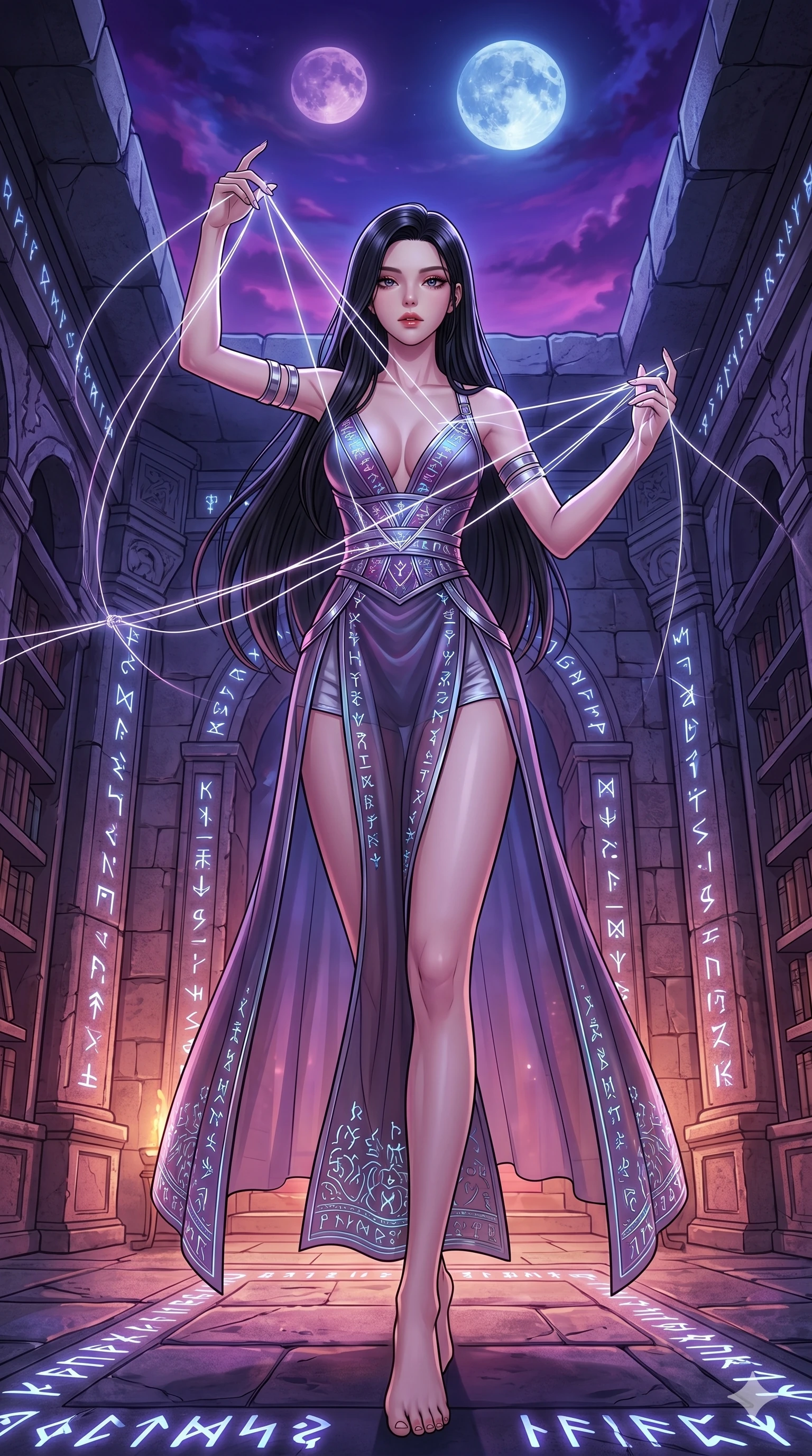 score_9, masterpiece, best quality, ultra-detailed, high-budget anime movie keyframe, cinematic anime lighting, intricate line art, Korean woman. Low angle cowboy shot filling the entire 9:16 frame with her statuesque presence. weaving threads of light in a ancient runic library under a twin-moon sky. She has an absolutely perfect 8-heads proportion, an exceptionally tall and slender female figure with an ultra-slim waist and impossibly long slender legs. sharp v-shaped jawline, high-bridge nose, intricate jewel-like eyes, thick eyelashes, glossy lips. Wearing modernized deep-plunging silk hanbok-fusion with metallic straps, a high-slit sheer skirt over micro-shorts, and holographic embroidered patterns. The scene is illuminated by dramatic atmospheric lighting and vibrant color palettes. , 2k, ultra detail, master piece, 9:16 ratio