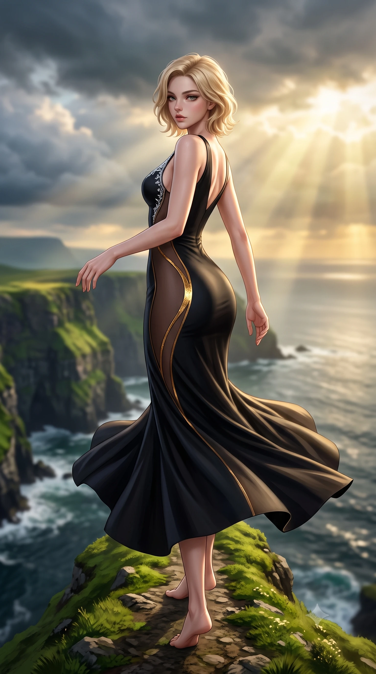 score_9, masterpiece, best quality, ultra-detailed, high-budget anime keyframe, semi-realistic 3D game render, editorial fashion photography, tasteful artistic composition, Caucasian woman. low angle full-body shot from head to toe showing her feet, filling the entire 9:16 vertical frame with her statuesque presence, stretching her vertical silhouette. executing an elegant mid-motion pivot turn as garments swirl around her slender limbs, glancing over her shoulder with an intoxicating bedroom-gaze while standing on the narrow emerald ridge high above the North Atlantic, arching her back as dramatic Nordic storm clouds break into golden sunbeams. The composition keeps background elements in soft focus with creamy bokeh. sheer vertical green sea cliffs and crashing dark ocean breakers blurred into moody emerald, slate, and golden sunbeam bokeh. She has an exceptionally tall and slender model-like 8.5-heads proportion, an ultra-slim waist, a flat toned midriff, narrow delicate ribcage, and beautifully sculpted feminine hips creating a graceful, slim hourglass silhouette without any bulky heaviness, with impossibly long slender legs. sharp v-shaped jawline, high-bridge nose, intricate jewel-like eyes with depth, thick eyelashes, glossy parted lips with a natural sheen, intensely captivating and seductive bedroom-eyes expression, flawlessly proportioned anatomical accuracy, strict slender model proportions, natural body alignment, perfectly sculpted long slender limbs, ultra-slim waistline, clean dynamic posture without body distortion. wearing a second-skin black silk jersey maxi dress with asymmetrical sheer mesh side panels tracing the full curve of her hip in dark espresso brown and molten gold foil, tailored from water-resistant treated wool gabardine and flexible stretch silk, finished with delicate crystal frost embroidery tracing the plunging neckline, the second-skin form-contouring cut accentuating her sculpted flat midriff, narrow delicate ribcage, and gracefully curvy hips with supermodel precision. bathed in dramatic god-ray sunlight piercing through dark Atlantic storm clouds onto the cliff ridge. highly saturated vibrant anime colors, detailed shading with soft gradients, rich glossy textures, high-contrast stereoscopic depth, volumetric dynamic lighting, master piece, 9:16 ratio