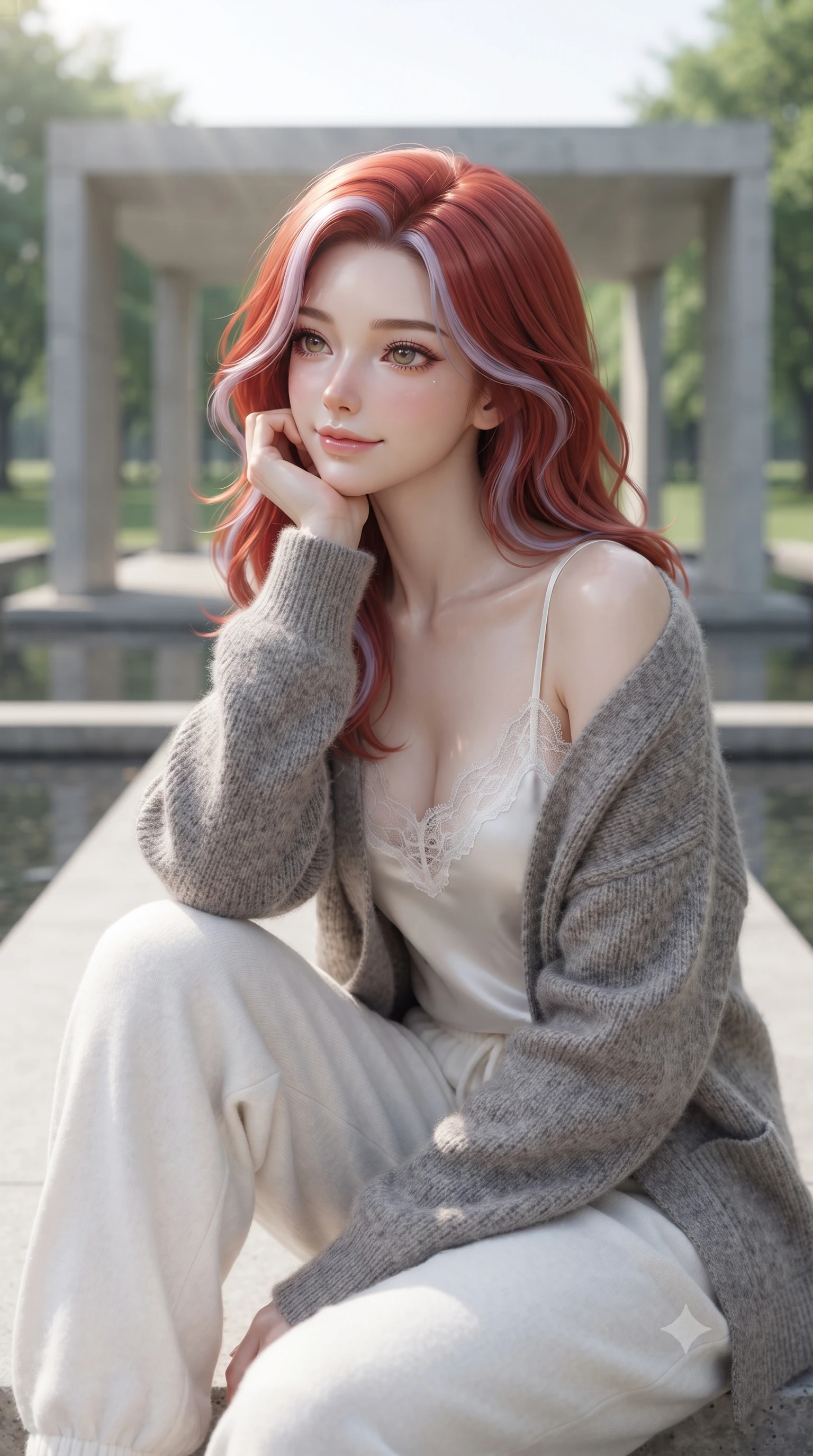 score_9, masterpiece, best quality, ultra-detailed, high-budget anime keyframe, editorial fashion photography, tasteful artistic composition, Caucasian woman woman. close-up cowboy shot from the waist and thighs up, the character dominates the composition, filling the frame with her large presence, background elements kept in soft focus. resting her chin on her hand, looking out at the beautiful scenery with a soft smile the background shows a soft-focus a minimalist concrete pavilion in a green park, with water pools reflecting the structure. She has an exceptionally elegant, slender, and willowy female figure with an ultra-slim waist, a gracefully sculpted slender torso, and a refined silhouette. sharp v-shaped jawline, high-bridge nose, intricate jewel-like eyes with depth, thick eyelashes, glossy lips with a natural sheen. wearing a tailored cozy grey knit cardigan worn over a white linen slip top and matching soft cotton pants. bright midday sun rays creating clean, sharp shadows and reflections. ultra-reflective glossy finish, specular highlights, metallic sheen, high-contrast stereoscopic depth, volumetric dynamic lighting, 2k, ultra detail, master piece, 9:16 ratio