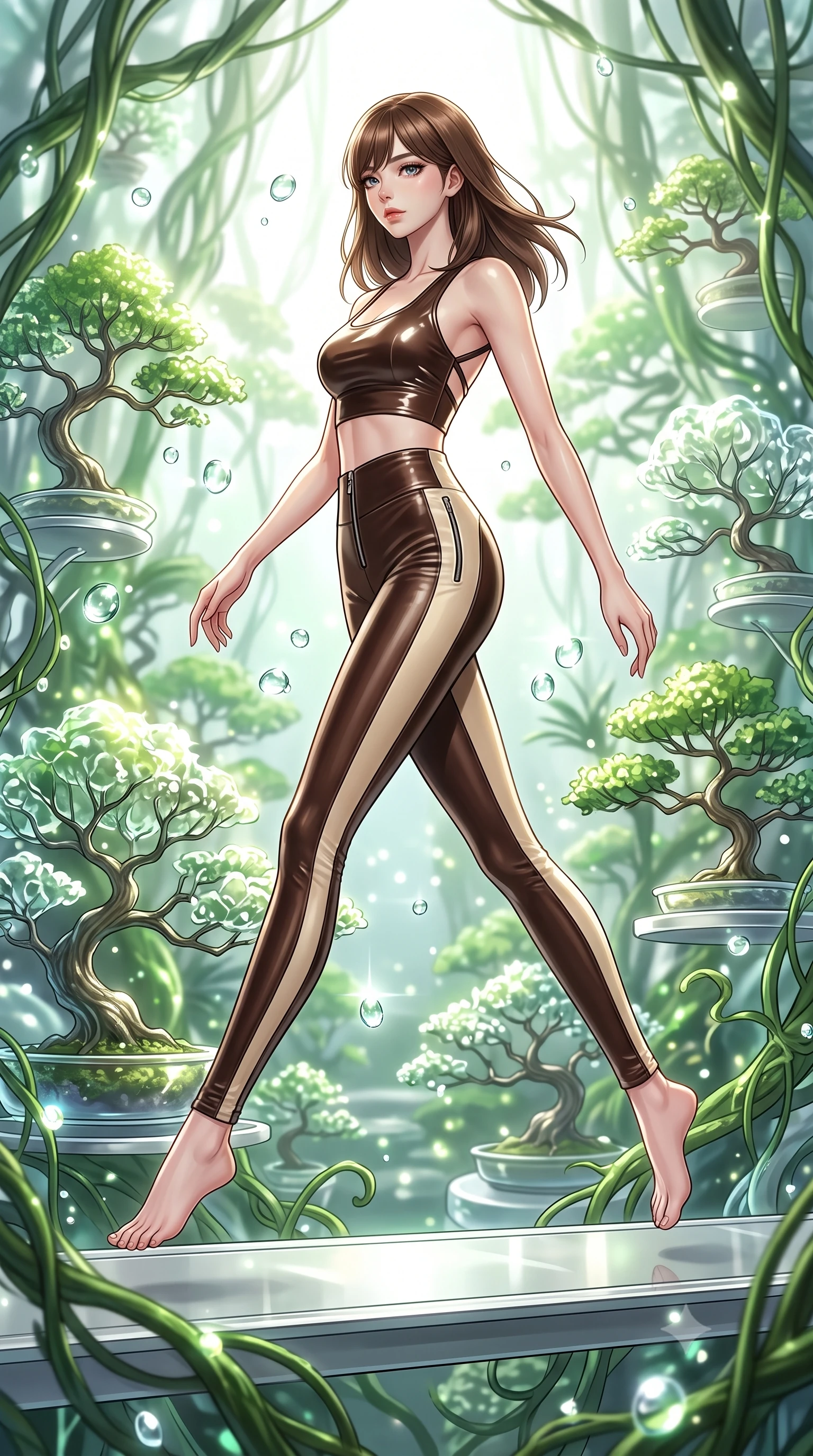score_9, masterpiece, best quality, ultra-detailed, high-budget anime keyframe, editorial fashion photography, tasteful artistic composition, Korean woman. low angle full-body shot from head to toe showing her feet, filling the entire 9:16 vertical frame with her statuesque presence, stretching her vertical silhouette. leaping gracefully through mid-air with statuesque elegance, her impossibly long slender legs stretched in perfect balance while walking along a platinum walkway in a quantum garden filled with glowing glass bonsai trees, dewdrops on biomorphic vines casting bright specular highlights in mid-air. She has an absolutely perfect, statuesque 8.5-heads proportion, an exceptionally tall and slender model-like female figure with impossibly long slender legs and an ultra-slim waist. sharp v-shaped jawline, high-bridge nose, intricate jewel-like eyes with depth, thick eyelashes, glossy lips with a natural sheen, flawlessly proportioned anatomical accuracy, natural body alignment, perfectly sculpted elegant limbs, clean dynamic posture without body distortion. wearing a glossy vinyl crop top and high-waist tailored leggings with sleek zippers in espresso brown and warm cream, made of premium stretch velvet with a rich sheen, complemented by criss-cross back straps highlighting her bare shoulders, the sleek second-skin texture accentuating her magnetic presence. surrounded by a bright, airy ambiance with radiant white and green highlights. highly saturated vibrant anime colors, detailed shading with soft gradients, rich glossy textures, high-contrast stereoscopic depth, volumetric dynamic lighting, master piece, 9:16 ratio