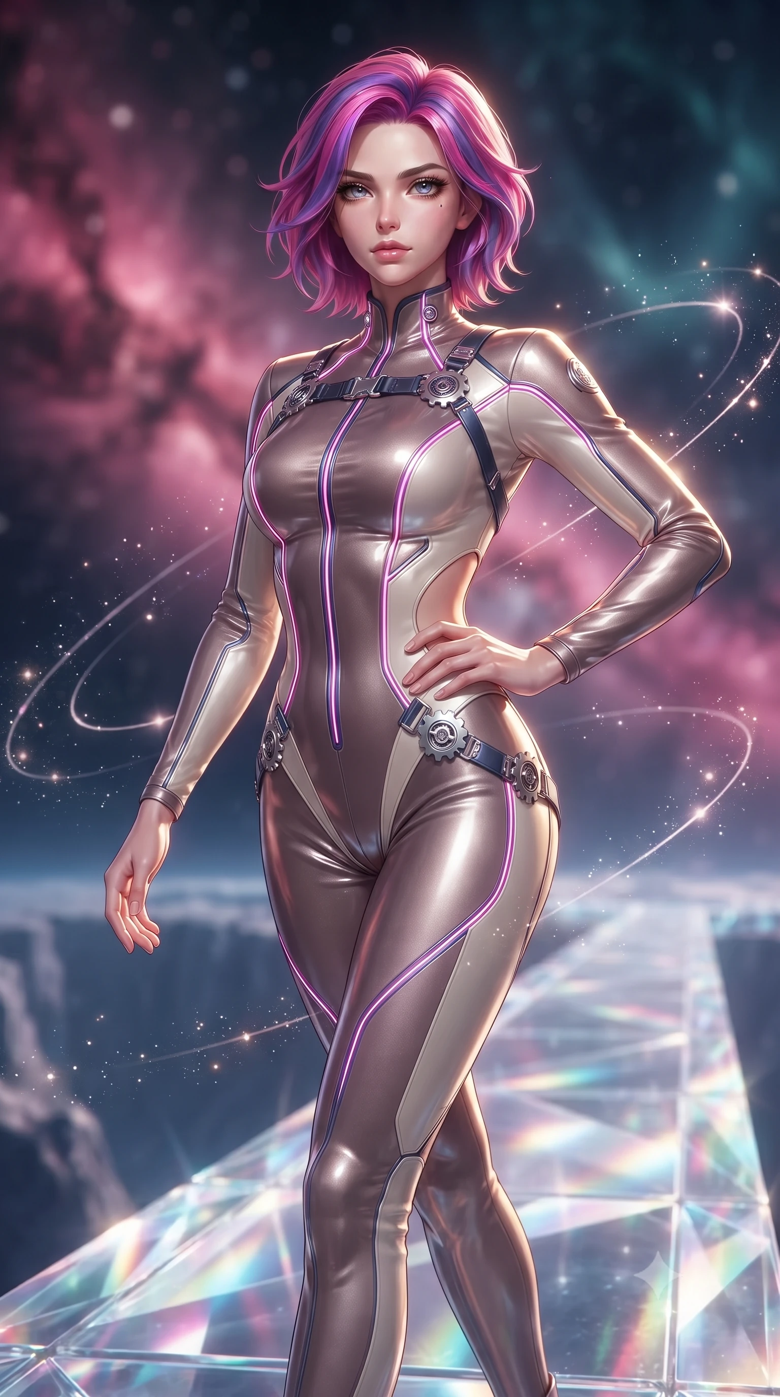 score_9, masterpiece, best quality, ultra-detailed, high-budget anime keyframe, editorial fashion photography, tasteful artistic composition, Caucasian woman. close-up cowboy shot from the waist and thighs up, the character dominates the composition, filling the frame with her large presence, background elements kept in soft focus. Holding a powerful dynamic pose with one hand on her hip and body angled dramatically toward the key light while stepping forward with proud posture along a crystalline bridge under a cosmic aurora, floating starlight dust drifting around her in dynamic orbital paths. She has an exceptionally elegant, slender, and willowy female figure with an ultra-slim waist, a gracefully sculpted slender torso, and a refined silhouette. sharp v-shaped jawline, high-bridge nose, intricate jewel-like eyes with depth, thick eyelashes, glossy lips with a natural sheen, flawlessly proportioned anatomical accuracy, natural body alignment, perfectly sculpted elegant limbs, clean dynamic posture without body distortion. wearing a skin-tight cybernetic bodysuit with glowing neon seams and side cutouts in muted taupe and soft ivory, made of premium stretch velvet with a rich sheen, detailed with polished silver buckles along the waistline, the glove-like fit emphasizing her statuesque silhouette during motion. bathed in dramatic cosmic pink and navy nebula backlighting with gold key light. ultra-reflective glossy finish, specular highlights, metallic sheen, high-contrast stereoscopic depth, volumetric dynamic lighting, 2k, ultra detail, master piece, 9:16 ratio