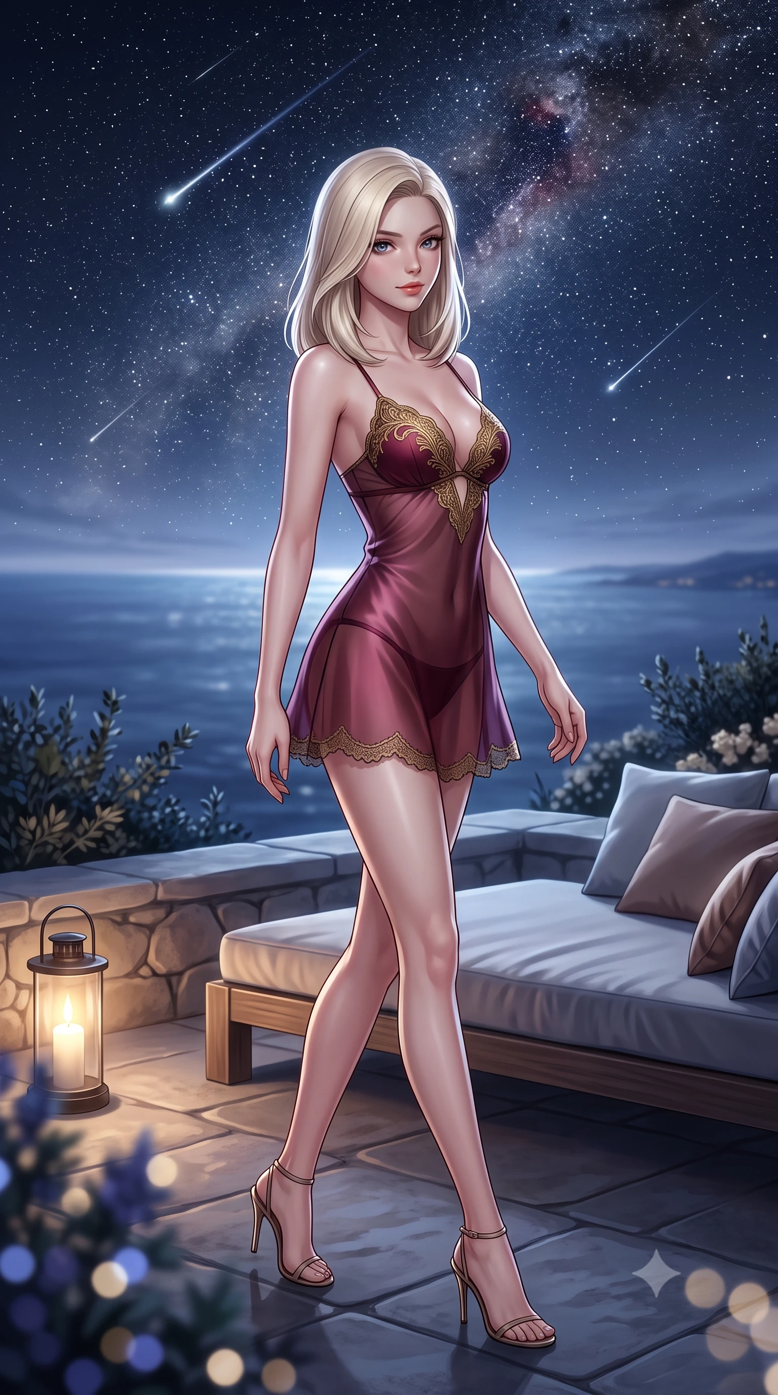 score_9, masterpiece, best quality, ultra-detailed, high-budget anime keyframe, semi-realistic 3D game render, editorial fashion photography, tasteful artistic composition, Caucasian woman. low angle full-body shot from head to toe showing her feet, filling the entire 9:16 vertical frame with her statuesque presence, stretching her vertical silhouette. walking along the terrace with poise, looking back over her bare shoulder with an irresistible smoldering bedroom-gaze while twisting her slender torso in an alluring S-curve beside the outdoor daybed, starlight and hurricane lamp glow tracing her narrow waist and hips. The background shows a soft-focus vast panorama of the open Mediterranean Sea stretching to the horizon, shooting stars streaking across dense Milky Way starfields, and cliff edge shrubs blurred into indigo, diamond, and cream bokeh. She has an exceptionally tall and slender model-like 8.5-heads proportion, an ultra-slim waist, a flat toned midriff, narrow delicate ribcage, and beautifully sculpted feminine hips creating a graceful, slim hourglass silhouette without any bulky heaviness, with impossibly long slender legs. sharp v-shaped jawline, high-bridge nose, intricate jewel-like sparkling eyes with depth, thick eyelashes, glossy parted lips with a natural peach sheen, bright cheerful beaming smile with an enchanting and coquettish sensual glint, exuding both youthful cute charm and seductive allure, flawlessly proportioned anatomical accuracy, strict slender model proportions, natural body alignment, perfectly sculpted long slender limbs, ultra-slim waistline, clean dynamic posture without body distortion. wearing an alluring semi-sheer silk organza babydoll slip with plunging gold-embroidered neckline and scalloped hem in French boudoir bordeaux wine and antique brass, crafted from fluid liquid silk satin that clings smoothly to her narrow waist and rounded hips with a dewy sheen, finished with scalloped eyelash lace trim framing her sweetheart neckline with intimate elegance, the liquid-tight tailored fabric clinging flawlessly to her narrow waist and rounded feminine hips, emphasizing every millimeter of her sculpted slim hourglass curves without any bulky heaviness. illuminated by white stucco bounce fill and sharp starlight-platinum rim lights defining her dewy collarbones, ultra-slim waist, and curvy hips. highly saturated vibrant anime colors, detailed shading with soft gradients, rich glossy textures, high-contrast stereoscopic depth, volumetric dynamic lighting, master piece, 9:16 ratio