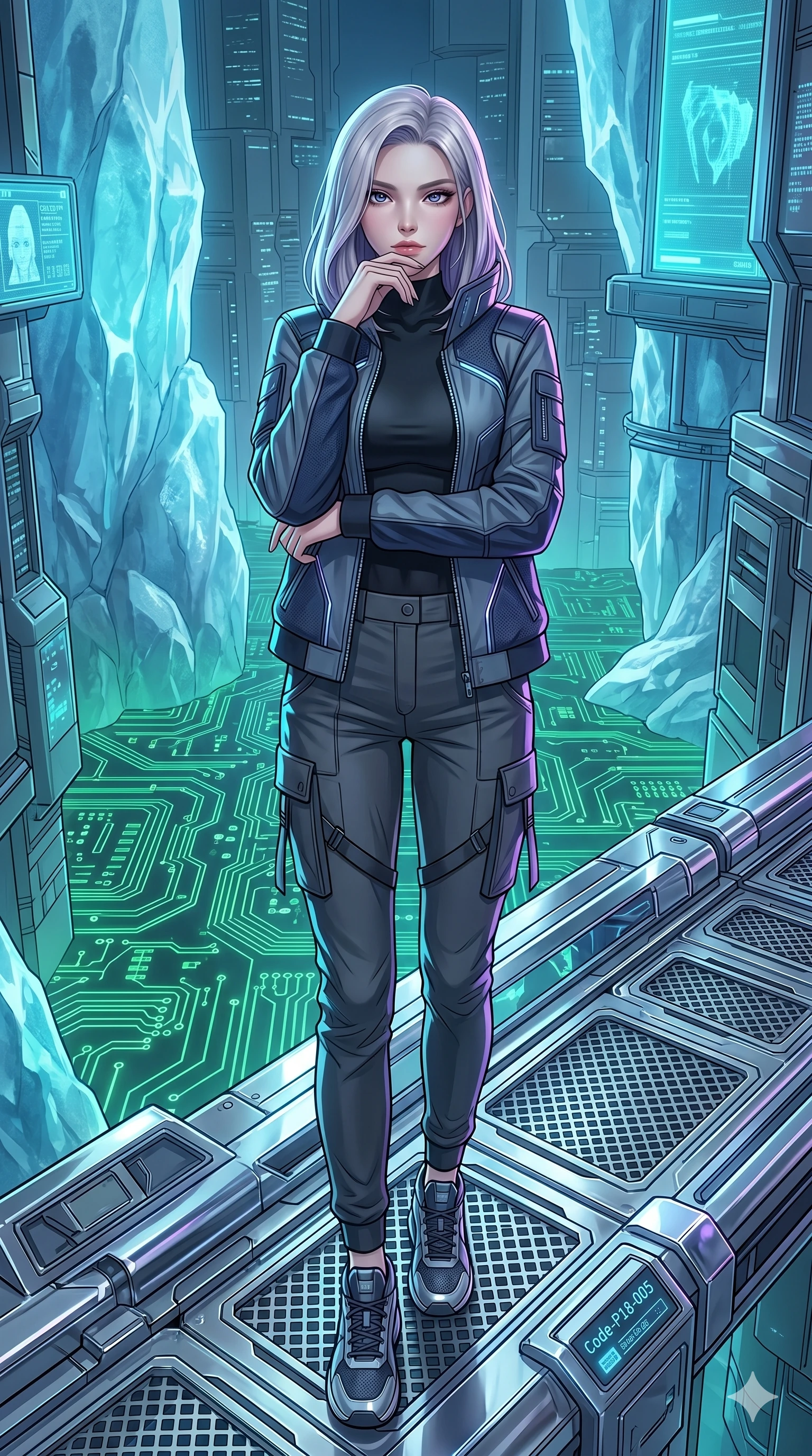 score_9, masterpiece, best quality, ultra-detailed, high-budget anime keyframe, editorial fashion photography, tasteful artistic composition, Caucasian woman, strictly human ears. low angle full-body shot from head to toe showing her feet, filling the entire 9:16 vertical frame with her statuesque presence, stretching her vertical silhouette. resting her chin on the backs of her fingers, casting a heavy-lidded sultry gaze on a high-tech chrome bridge over a glowing neon-green circuit valley (Code-P18-005). She has an absolutely perfect 8-heads proportion, an exceptionally tall and slender female figure with impossibly long slender legs and an ultra-slim waist. V-shaped jawline, high-bridge nose, intricate jewel-like eyes with depth, thick eyelashes, glossy lips with a natural sheen. wearing a structured tech-jacket over a sleek high-neck activewear top and tailored cargo pants. lit by cold aqua bioluminescent light reflecting off the ice wall and casting sharp blue-violet highlights. 2k, ultra detail, master piece, 9:16 ratio