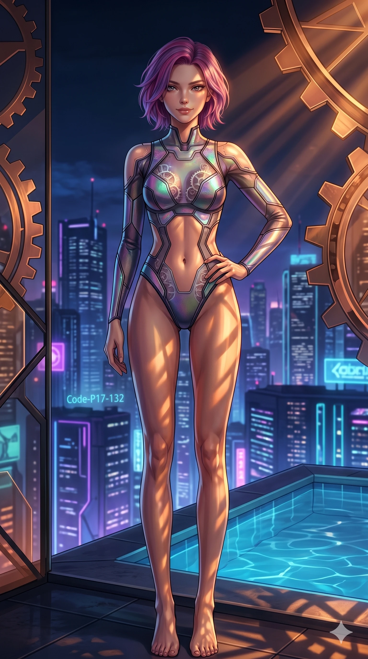 score_9, masterpiece, best quality, ultra-detailed, high-budget anime keyframe, editorial fashion photography, tasteful artistic composition, Caucasian woman, strictly human ears. cowboy shot from the thighs up, character and outfit filling the frame for maximum editorial presence. resting her hand on her hip, looking at the viewer with a bedroom-eyes smile on a rooftop pool terrace overlooking a neon city (Code-P17-132). She has an absolutely perfect 8-heads proportion, an exceptionally tall and slender female figure with impossibly long slender legs and an ultra-slim waist. V-shaped jawline, high-bridge nose, intricate jewel-like eyes with depth, thick eyelashes, glossy lips with a natural sheen. wearing a neoprene cyber-suit with high-cut legs and exposed waist. amber and copper light rays refracting through the gears, creating deep dramatic shadows. 2k, ultra detail, master piece, 9:16 ratio