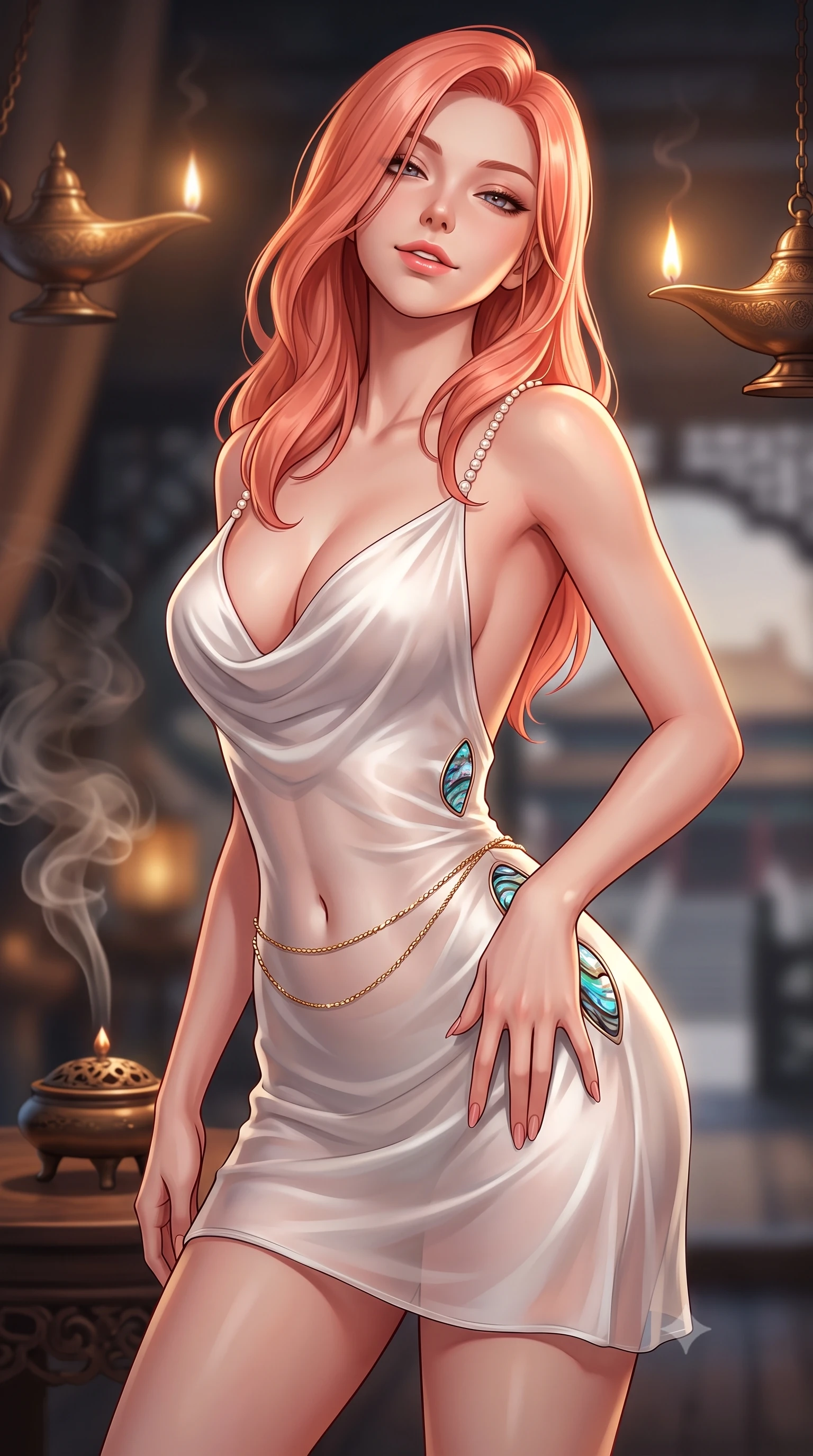 score_9, masterpiece, best quality, ultra-detailed, high-budget anime keyframe, semi-realistic 3D game render, editorial fashion photography, tasteful artistic composition, Japanese woman. close-up cowboy shot from the waist and thighs up, the character dominates the composition, filling the frame with her large presence. tilting her head with a teasing half-smile, running one hand slowly down the side of her hip in a flirtatious S-curve as ambient light caresses her silhouette while twisting her slender torso in an alluring S-curve, iridescent abalone shell inlays mirroring her narrow waist and rounded hips. The background shows a soft-focus swirling tea steam, burning agarwood incense, and distant palace courtyards blurred into amber, charcoal, and pearl bokeh. She has an exceptionally elegant, slender, and willowy female figure with an ultra-slim waist, flat toned midriff, narrow ribcage, and sculpted feminine hips creating an alluring, slim hourglass silhouette without bulk. sharp v-shaped jawline, high-bridge nose, sparkling eyes with hypnotic seductive depth, thick curled eyelashes, glossy parted lips with a natural dewy peach sheen, alluring bedroom-eyes with an enchanting coquettish smile, exuding magnetic siren charisma and sophisticated glamour, flawlessly proportioned anatomical accuracy, strict slender model proportions, natural body alignment, perfectly sculpted long slender limbs, ultra-slim waistline, clean dynamic posture without body distortion. wearing a low-cut draped cowl-back satin slip mini dress with dainty pearl spaghetti straps in pure pearl alabaster with platinum sheen, made of sheer gossamer chiffon that drapes softly against skin with airy translucence, finished with a dainty gold belly chain resting across her flat midriff and curving hips, the glove-like clinging cut tightly following the natural contour of her hips and long slender legs with youthful 8.5-heads elegance. bathed in soft moody amber chiaroscuro lighting spilling from ornate bronze oil lamps. highly saturated vibrant anime colors, detailed shading with soft gradients, rich glossy textures, high-contrast stereoscopic depth, volumetric dynamic lighting, master piece, 9:16 ratio