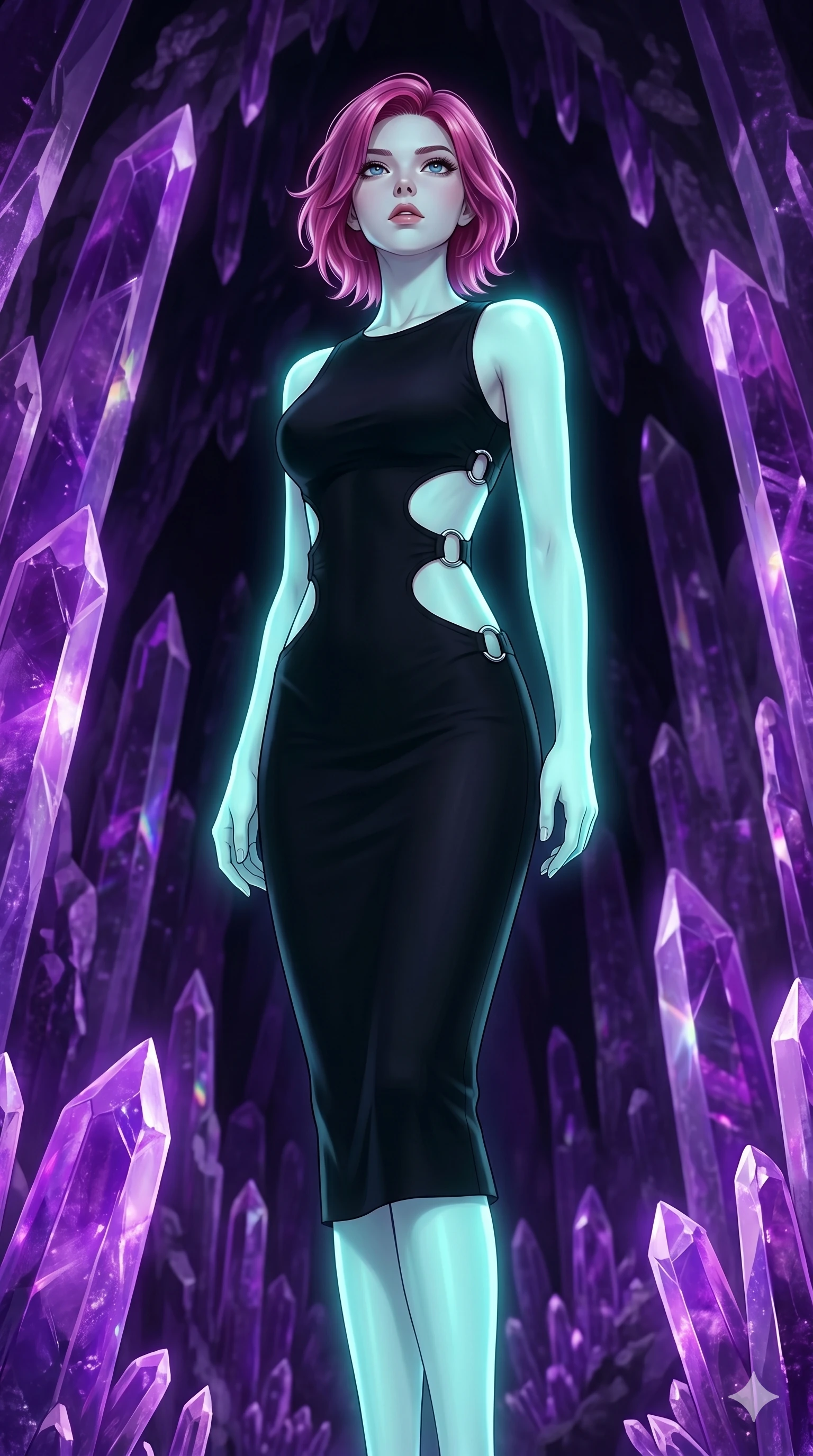 score_9, masterpiece, best quality, ultra-detailed, high-budget anime keyframe, editorial fashion photography, tasteful artistic composition, Caucasian woman, strictly human ears. cowboy shot from the thighs up, character and outfit filling the frame for maximum editorial presence. Tilting her chin up slightly with lips parted in a composed expression inside a crystalline geode cavern lined with towering amethyst spires casting violet prismatic light. She has an absolutely perfect 8-heads proportion, an exceptionally tall and slender female figure with impossibly long slender legs and an ultra-slim waist. V-shaped jawline, high-bridge nose, intricate jewel-like eyes with depth, thick eyelashes, glossy lips with a natural sheen. wearing a precision matte black bodycon midi dress with strategic architectural cutouts at the waist and side torso framed by clean chrome ring hardware, perfectly fitted to her slender form. illuminated by soft aqua bioluminescent light that makes her skin luminously glow against the dark. 2k, ultra detail, master piece, 9:16 ratio