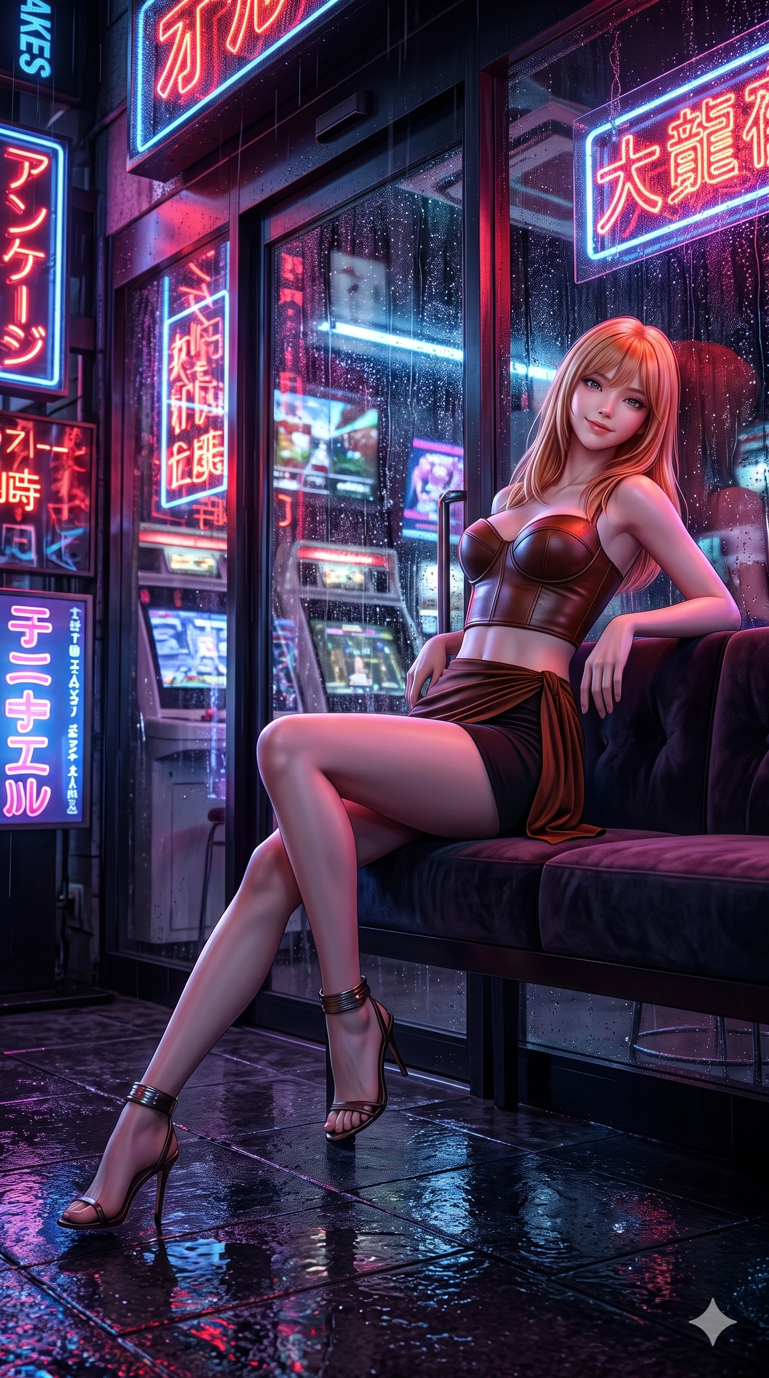 score_9, masterpiece, best quality, ultra-detailed, high-budget anime keyframe, semi-realistic 3D game render, editorial fashion photography, tasteful artistic composition, Japanese woman. low angle full-body shot from head to toe showing her feet, filling the entire 9:16 vertical frame with her statuesque presence, stretching her vertical silhouette. reclining languidly across the velvet banquette with one knee bent and hips angled toward the camera, displaying her toned midriff and long slender limbs with effortless sensual charisma while leaning against the wet arcade glass entrance beneath glowing anime neon signs, head tilted with a playful, flirtatious smile. The surrounding environment is rendered in vivid detail and crisp panoramic clarity: sharp neon glass tube lettering, rain droplet beads on entrance glass, and wet pavement reflection clarity in deep focus. She has an exceptionally tall and slender model-like 8.5-heads proportion, an ultra-slim waist, a flat toned midriff, narrow delicate ribcage, and beautifully sculpted feminine hips creating a graceful, slim hourglass silhouette without any bulky heaviness, with impossibly long slender legs. sharp v-shaped jawline, high-bridge nose, intricate jewel-like dark sparkling eyes with dangerous depth, thick curled eyelashes, glossy parted lips with a rich wine sheen, smoldering seductive half-smile with bedroom-eyes, exuding effortless superiority and intoxicating dark allure, flawlessly proportioned anatomical accuracy, strict slender model proportions, natural body alignment, perfectly sculpted long slender limbs, ultra-slim waistline, clean dynamic posture without body distortion. wearing a structured underwire leather bustier top paired with an ultra-short draped wrap mini skirt in dark burnt copper and matte black, made of fluid liquid jersey with seamless sculpting hold and smooth contours, complemented by strappy stiletto heels with metallic ankle cuffs accentuating her slender calves, the glove-like silhouette tightly following the natural contour of her hips and long slender legs with youthful 8.5-heads elegance. bathed in ultra-saturated rainbow neon glow from illuminated signboards and video screens. highly saturated vibrant anime colors, detailed shading with soft gradients, rich glossy textures, high-contrast stereoscopic depth, volumetric dynamic lighting, master piece, 9:16 ratio