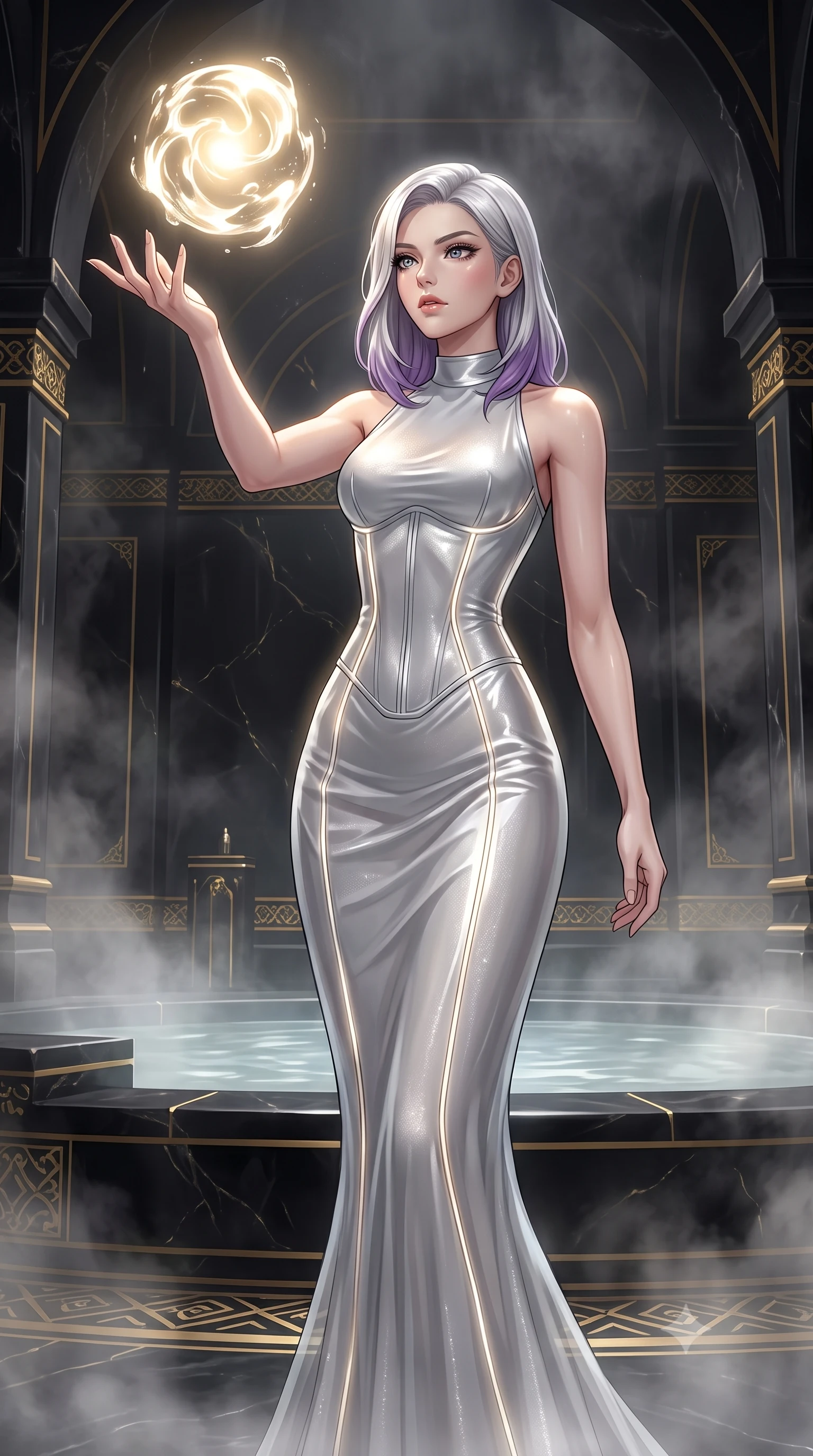 score_9, masterpiece, best quality, ultra-detailed, High-budget Anime Keyframe, Caucasian woman, strictly human ears. Low angle cowboy shot filling the entire 9:16 frame with her statuesque presence. Scenario 473: reaching out to catch a floating sphere of liquid light in a steam-filled bathhouse built of black obsidian stone and gold accents. Her presence is magnetic and overpowering in this high-budget anime scene. Outfit 473: a tailored liquid silver shimmering chiffon corset dress featuring a refined mock-neck collar and glowing LED seams. The clothing is designed to emphasize her exceptionally tall and slender 8-heads proportion. 8-heads proportion, towering silhouette, ultra-slim waist. sharp v-shaped jawline, intricate jewel-like eyes with depth, thick eyelashes, glossy lips. 2k, ultra detail, master piece, 9:16 ratio