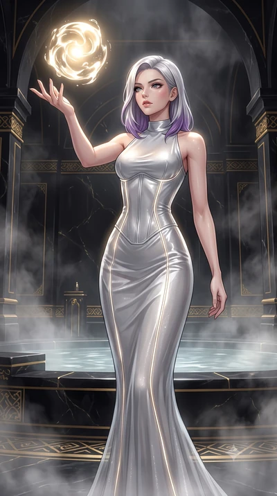 score_9, masterpiece, best quality, ultra-detailed, High-budget Anime Keyframe, Caucasian woman, strictly human ears. Low angle cowboy shot filling the entire 9:16 frame with her statuesque presence. Scenario 473: reaching out to catch a floating sph