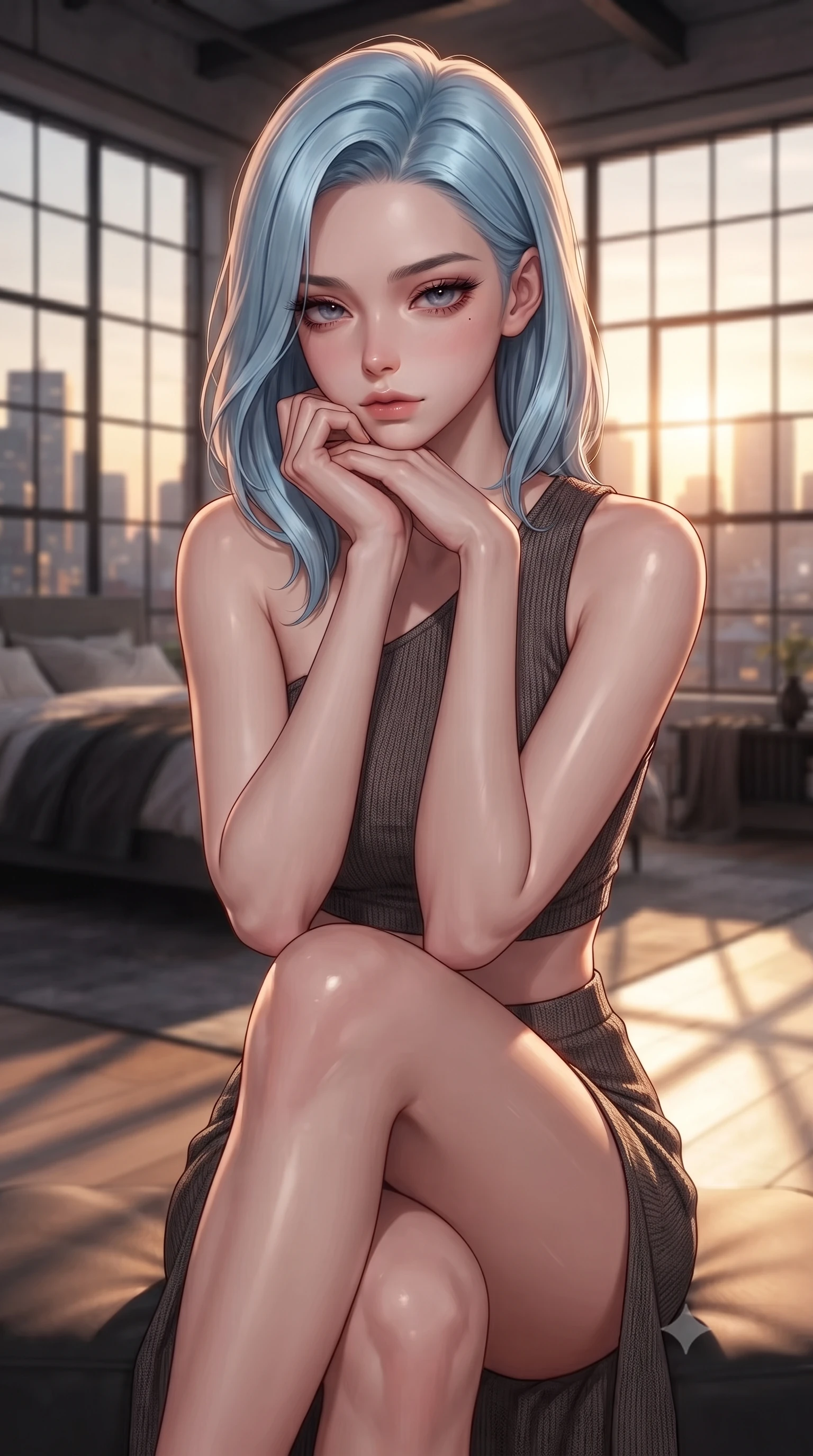 score_9, masterpiece, best quality, ultra-detailed, high-budget anime keyframe, editorial fashion photography, tasteful artistic composition, Korean woman woman. close-up cowboy shot from the waist and thighs up, the character dominates the composition, filling the frame with her large presence, background elements kept in soft focus. resting her chin on the backs of her fingers, casting a heavy-lidded, sultry look past the camera the background shows a soft-focus a high-ceiling loft bedroom with large industrial windows looking at city skyline. She has an exceptionally elegant, slender, and willowy female figure with an ultra-slim waist, a gracefully sculpted slender torso, and a refined silhouette. sharp v-shaped jawline, high-bridge nose, intricate jewel-like eyes with depth, thick eyelashes, glossy lips with a natural sheen. wearing a form-contouring asymmetric one-shoulder crop top in charcoal knit, paired with a high-slit skirt. golden hour sunset light casting long, dramatic geometric shadow lines across the floor. ultra-reflective glossy finish, specular highlights, metallic sheen, high-contrast stereoscopic depth, volumetric dynamic lighting, 2k, ultra detail, master piece, 9:16 ratio