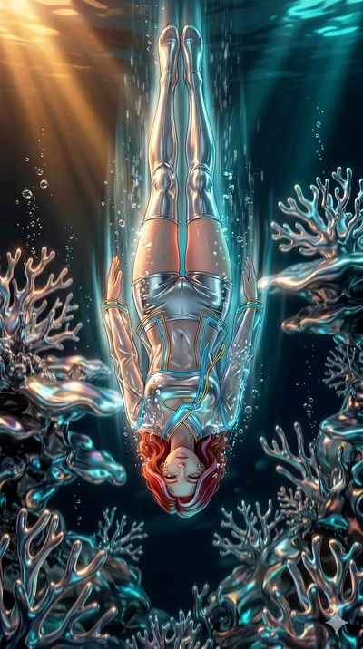 score_9, masterpiece, best quality, ultra-detailed, high-budget anime keyframe, Japanese woman. low angle full-body shot filling the entire 9:16 frame with her statuesque presence, stretching the vertical silhouette. diving through a bionic fluid mer